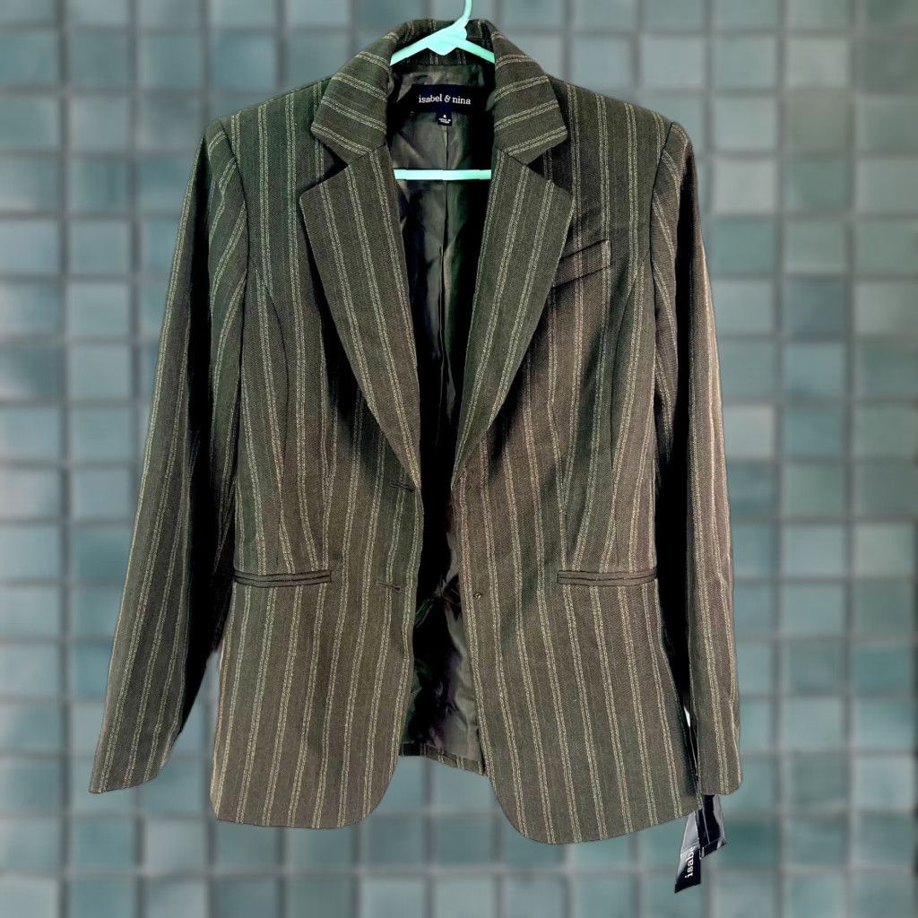 Vintage Isabel & Nina Women's Green Striped Blazer Jacket Sz 4 - Notch Lapel, Long Sleeve, Business Casual Size S / US 4 / IT 40 - 1 Thumbnail