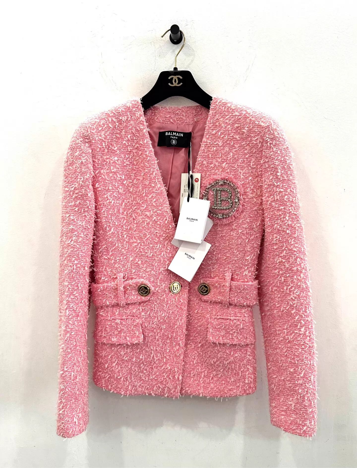 Balmain Balmain pink tweed pave B logo jacket women's Size XS / US 0-2 / IT 36-38 - 1 Thumbnail