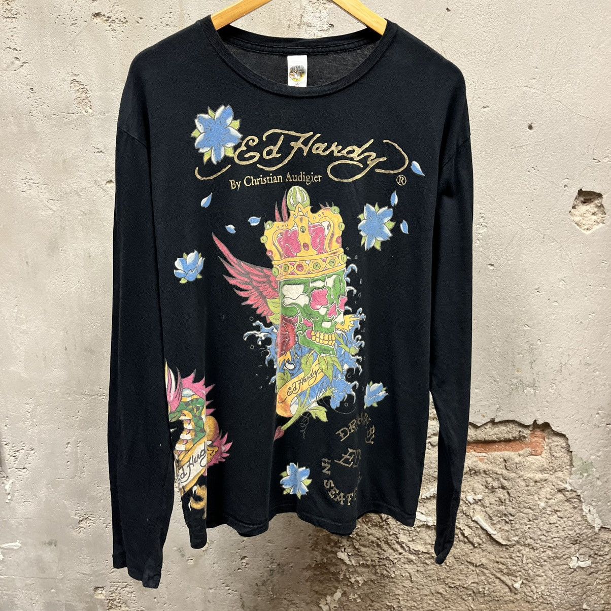 Ed Hardy Ed Hardy Black Wraparound Long Sleeve Metallic Skull Tee XL Size US XL / EU 56 / 4 - 1 Thumbnail