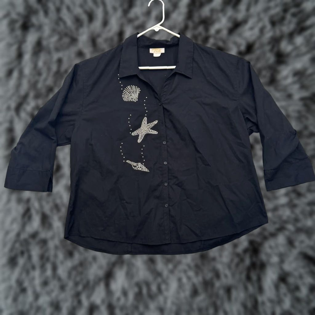 Vintage VINTAGE Tia Designs Shirt 1X Black 90s Nautical Sea Shell Rhinestone Embellished Size XL / US 12-14 / IT 48-50 - 1 Thumbnail