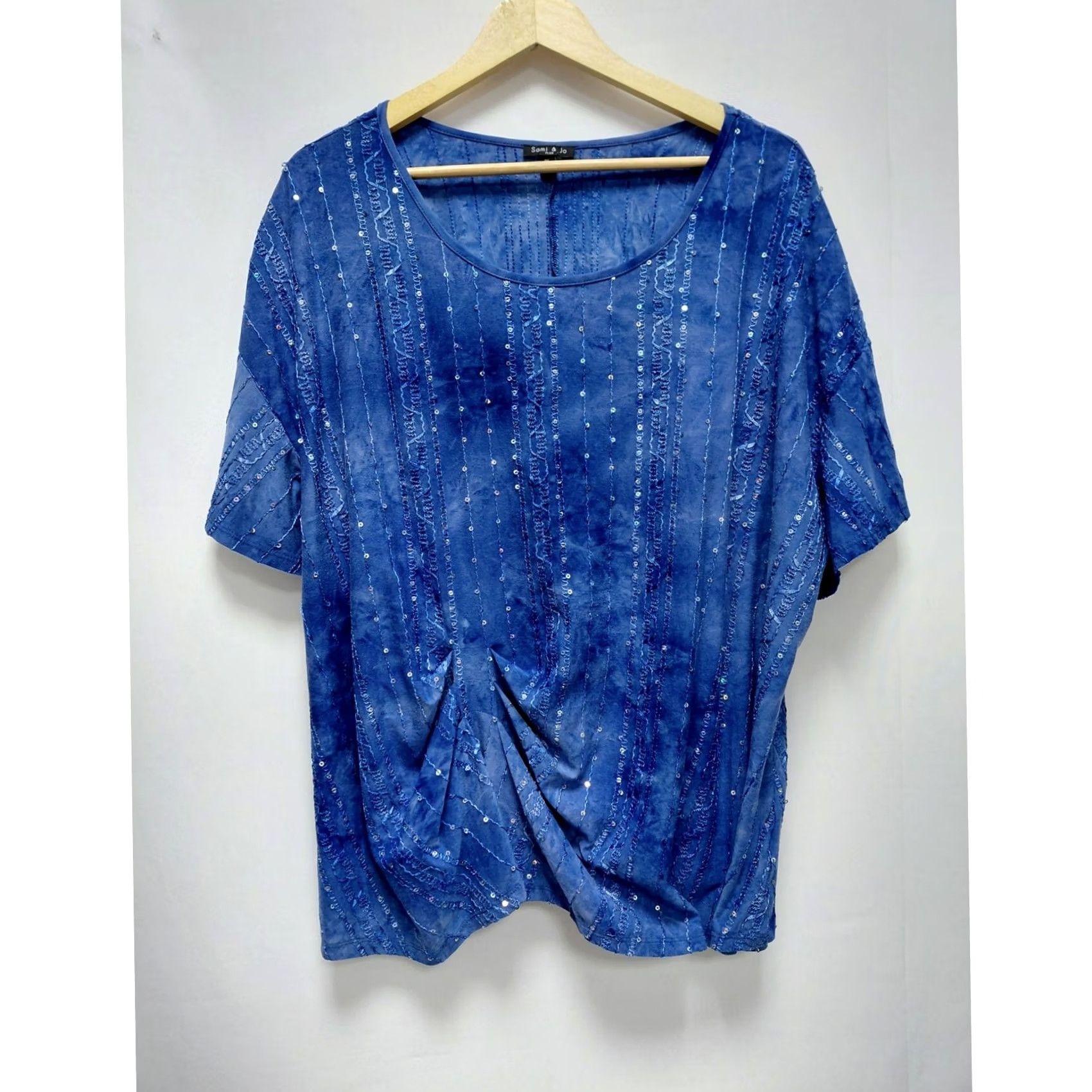 Vintage Sami & JO Top Womens 3X Blue Plus Textured Stretch Short Sleeve Women Size Size XXL / US 16-18 / IT 52-54 - 2 Thumbnail