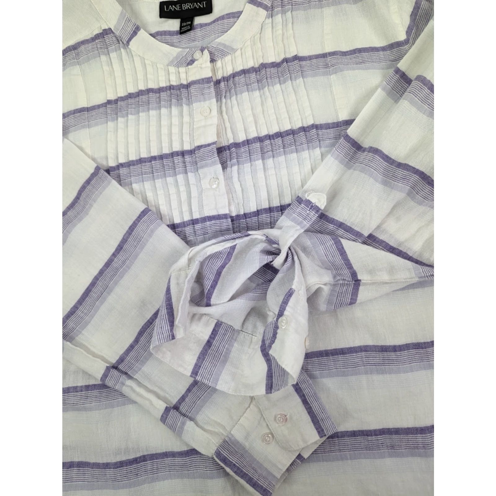 Vintage Lane Bryant Shirt Womens 22/24 Plus Linen Tunic Purple White Stripe Pleated Bohemian Casual Tunic Blouse Size 3XL / US 20-22 - 7 Thumbnail