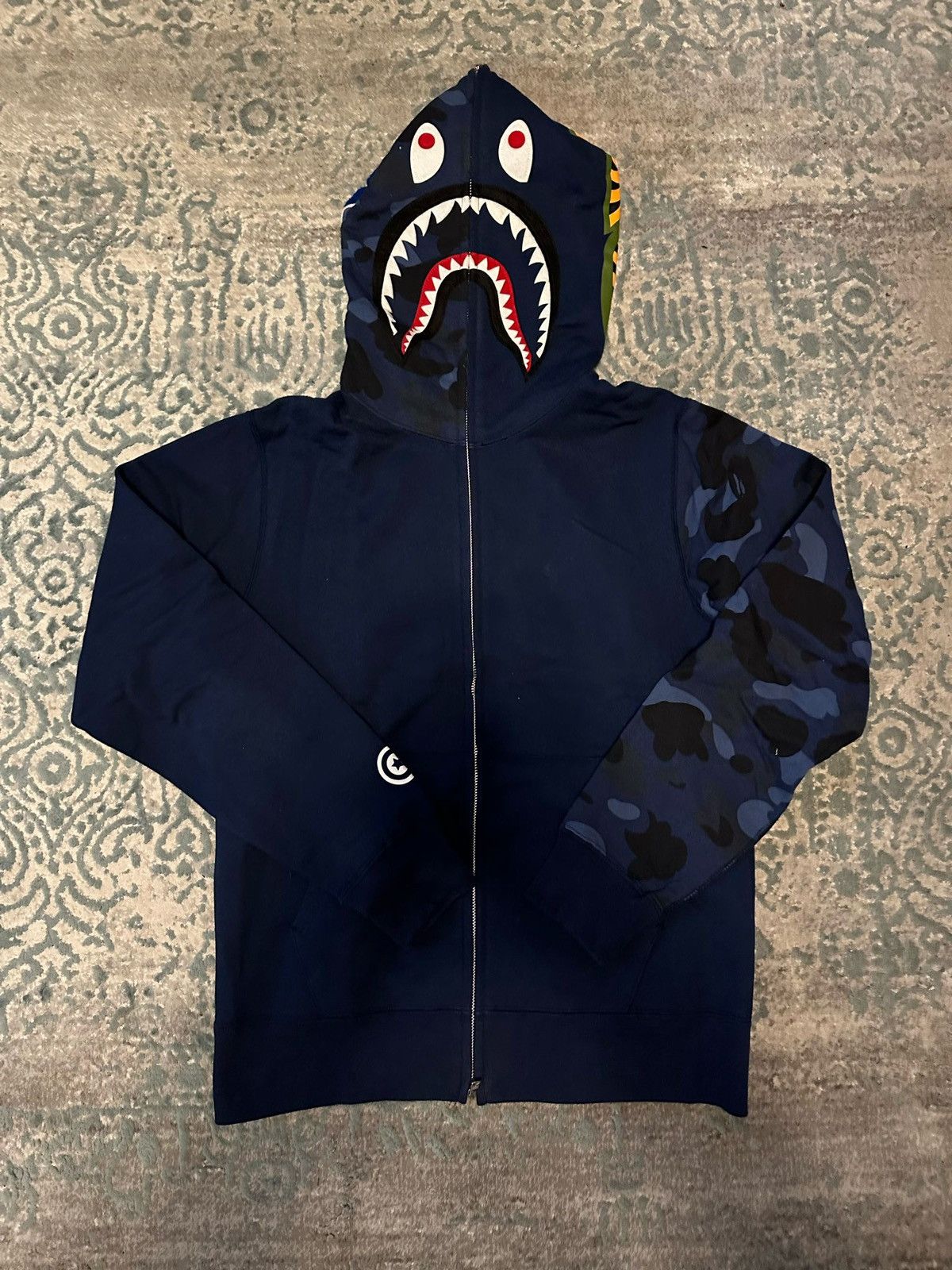 image of Bape Blue Camo Shark Hoodie, Men's (Size Large)