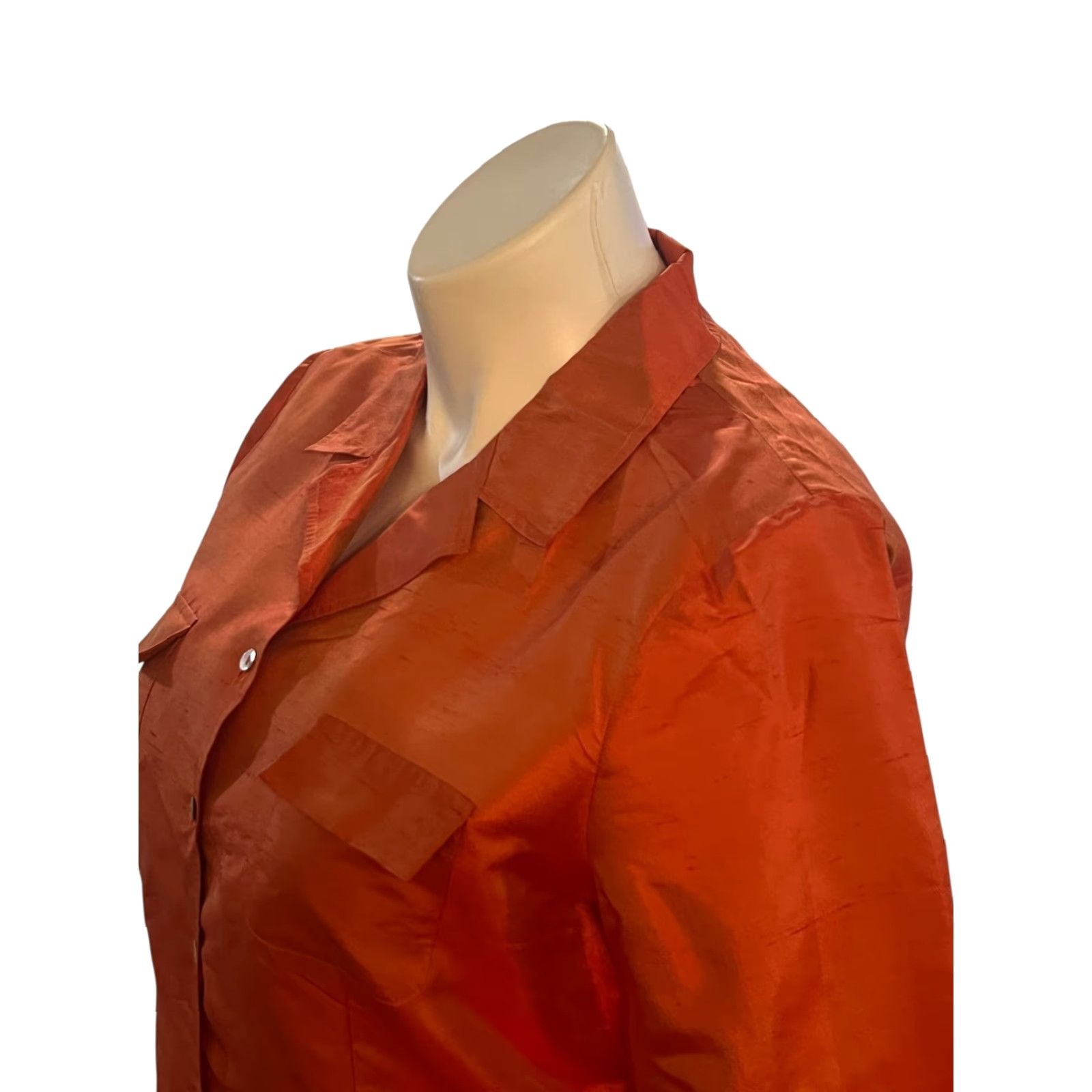 Vintage Allison Taylor Silk Blouse Orange Long Sleeve Button Up XL V-Neck Women's 100% Silk, Woven, Classic, Button, Collar, Dry Clean Only, EUC Size XL / US 12-14 / IT 48-50 - 3 Thumbnail