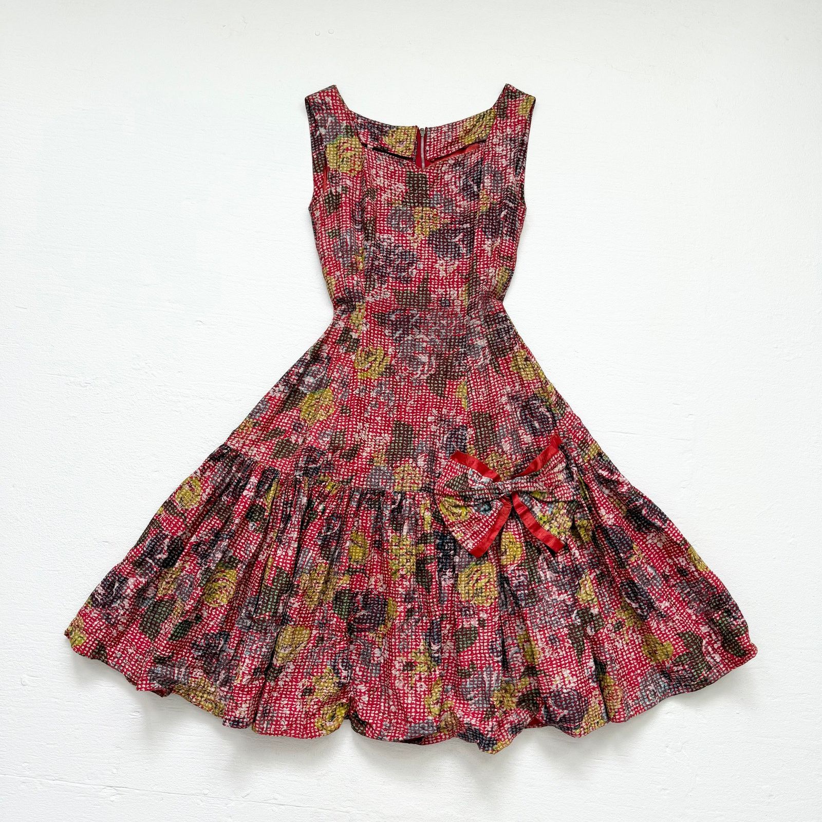 Vintage Vintage 50s Handmade Floral Fit & Flare Dress Bow Front, XXS Size XXS / US 00 / IT 34 - 1 Thumbnail