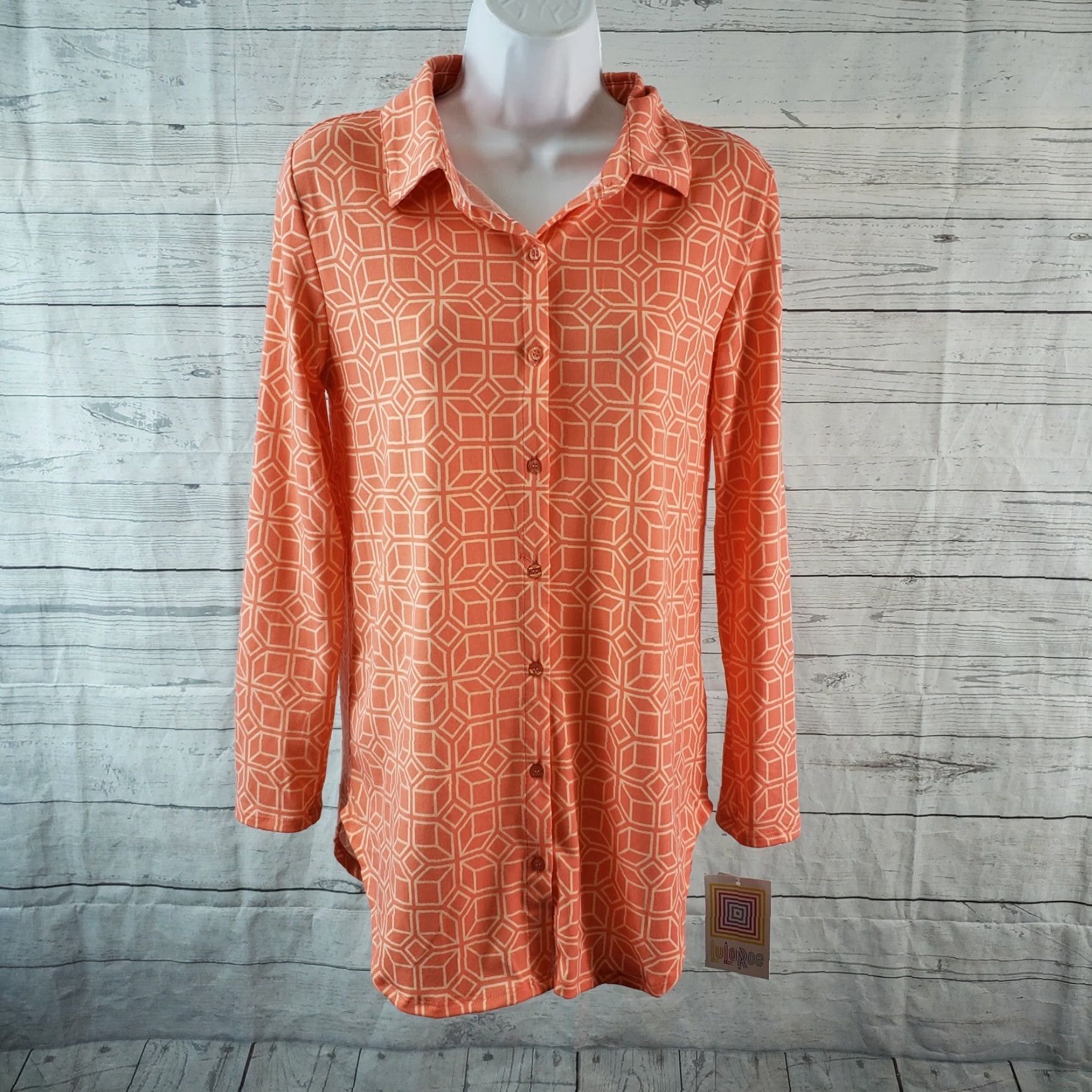 Vintage LuLaRoe Womens Valentina Shirt Button Front XS Coral Geometric Long Sleeve Tunic Button-Up Casual Womens XS Coral Geometric LuLaRoe Valentina Size XS / US 0-2 / IT 36-38 - 2 Thumbnail