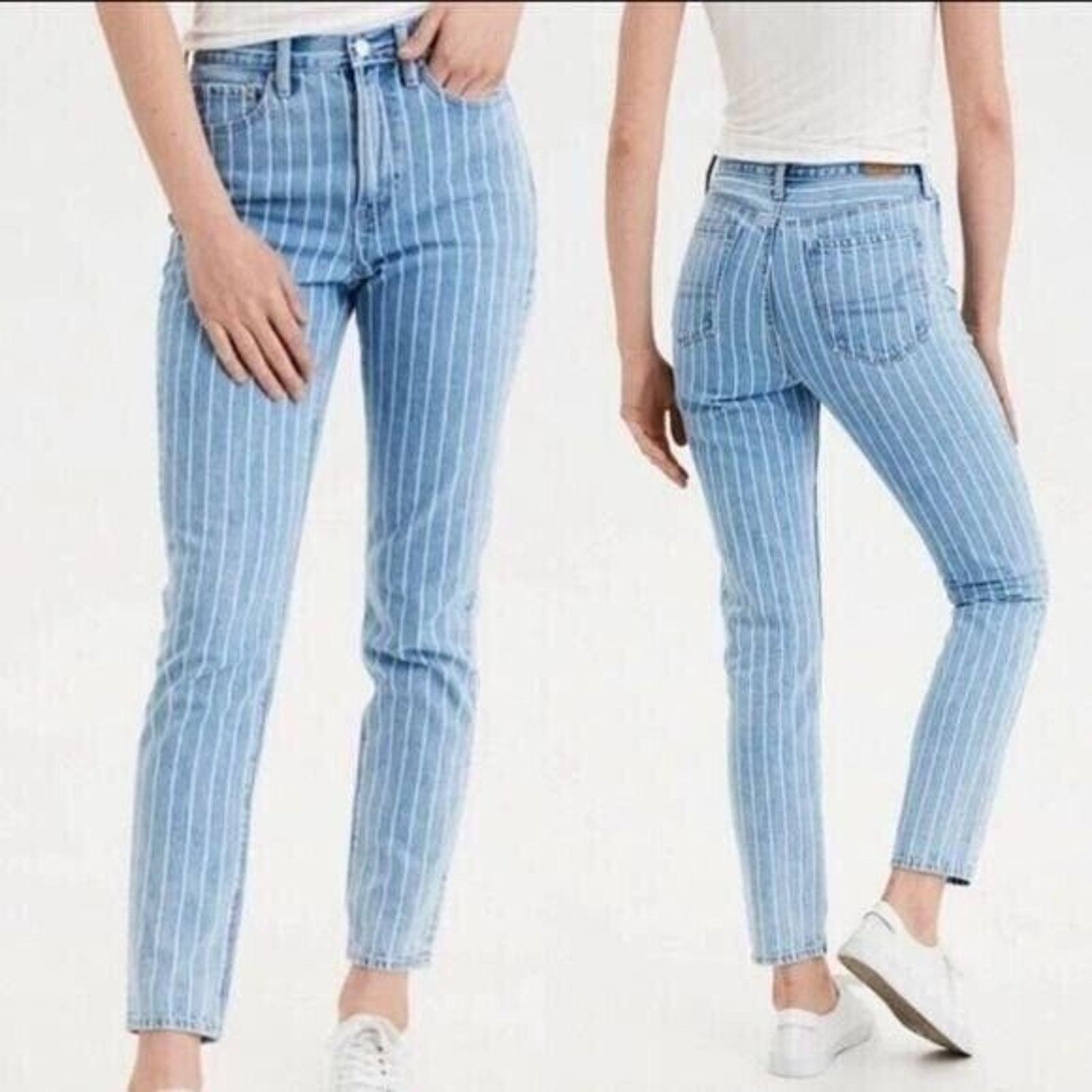 American Eagle Outfitters American Eagle Striped Mom Jeans Blue White 11" High Rise 0 Size 25" / US 0 / IT 36 - 9 Thumbnail