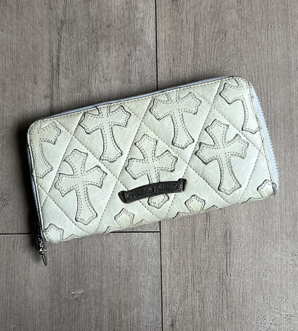 image of Chrome Hearts Cemetery Cross Embroidered Cream Zip Wallet, Men's