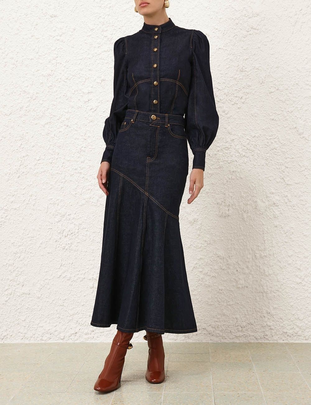 Zimmermann oc11z0825 Illustration Denim Midi Skirt in Blue Size 34" / US 12 / IT 48 - 2 Thumbnail