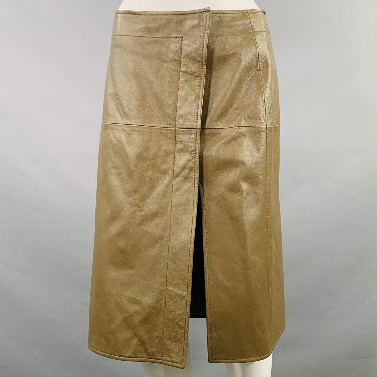 Bottega Veneta BOTTEGA VENETA 2 Green Olive Lambskin Leather Pencil Skirt Size 26" / US 2 / IT 38 - 1 Thumbnail