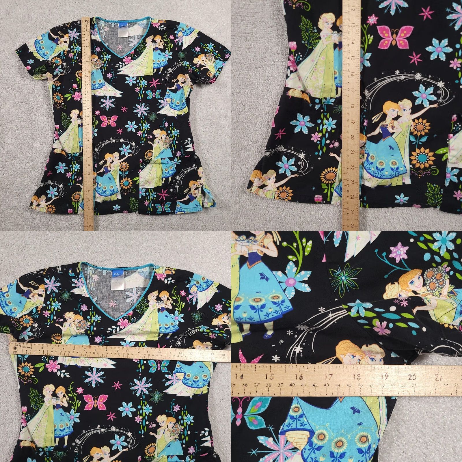 Disney Disney Frozen Scrub Top Womens Small Black Anna Elsa Floral Nurse Shirt V-Neck Size S / US 4 / IT 40 - 8 Thumbnail