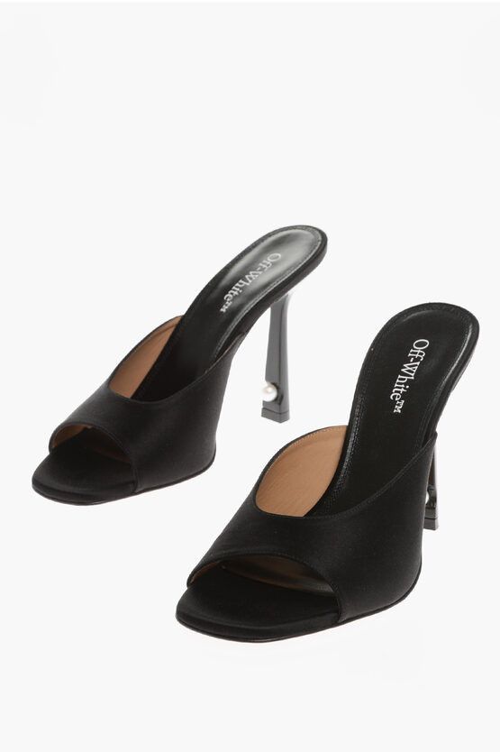 image of Off White Solid Color Satin Lollipop Mule Shoess With Bead Detail On The Hee Shoes in Black, Women'