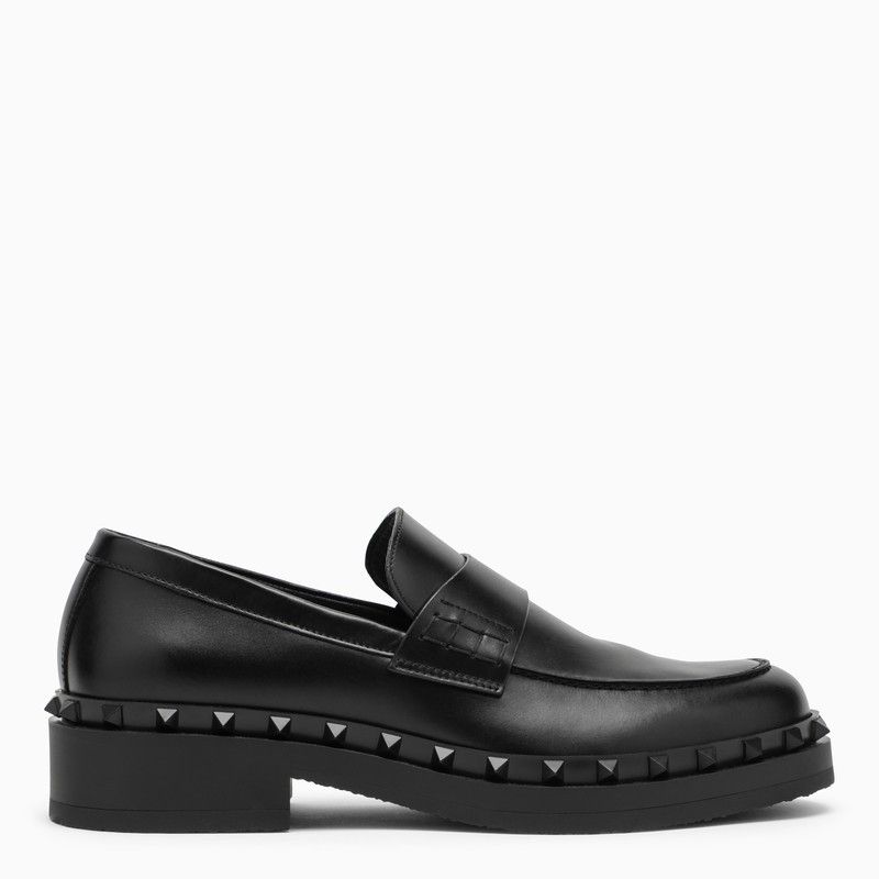 image of Valentino Garavani M-Way Black Leather Rockstud Loafer, Men's (Size 9)