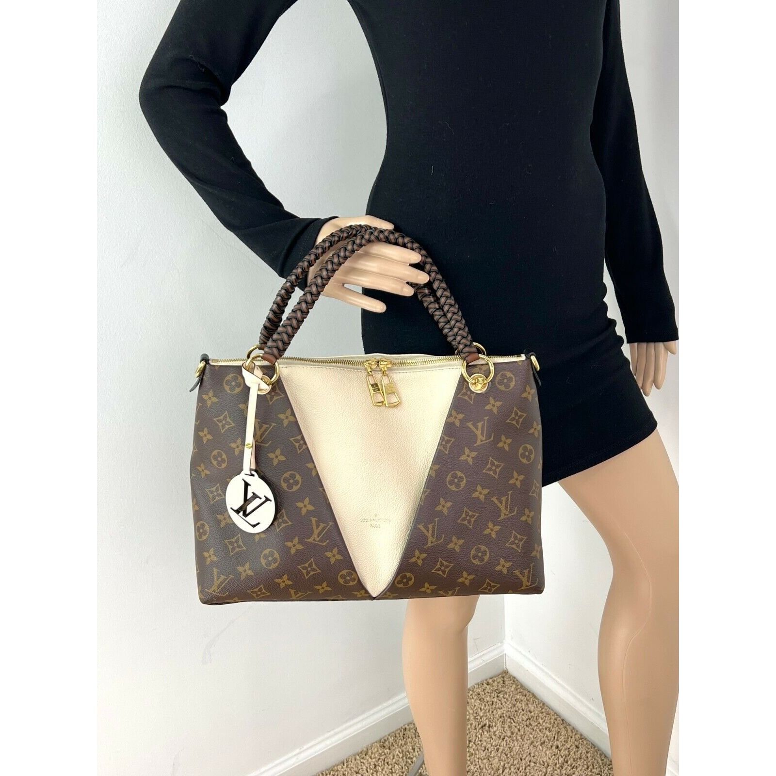 Louis Vuitton Louis Vuitton Braided V Tote MM Cream Leather Canvas Shoulde Size ONE SIZE - 3 Thumbnail