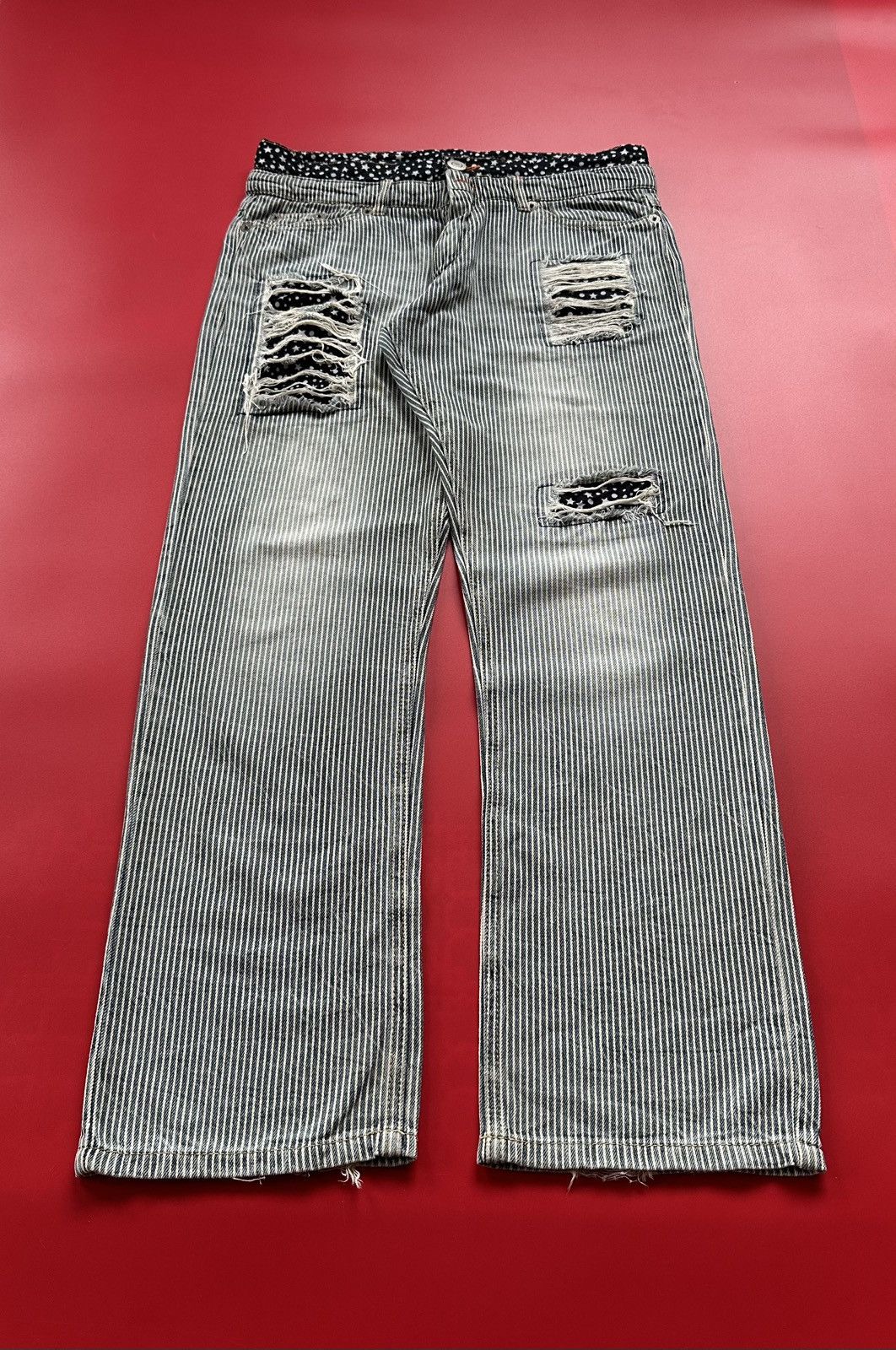 Japanese Brand Railroad Stripe Double Waist Patchwork Unbrand Jeans Size US 33 - 5 Thumbnail