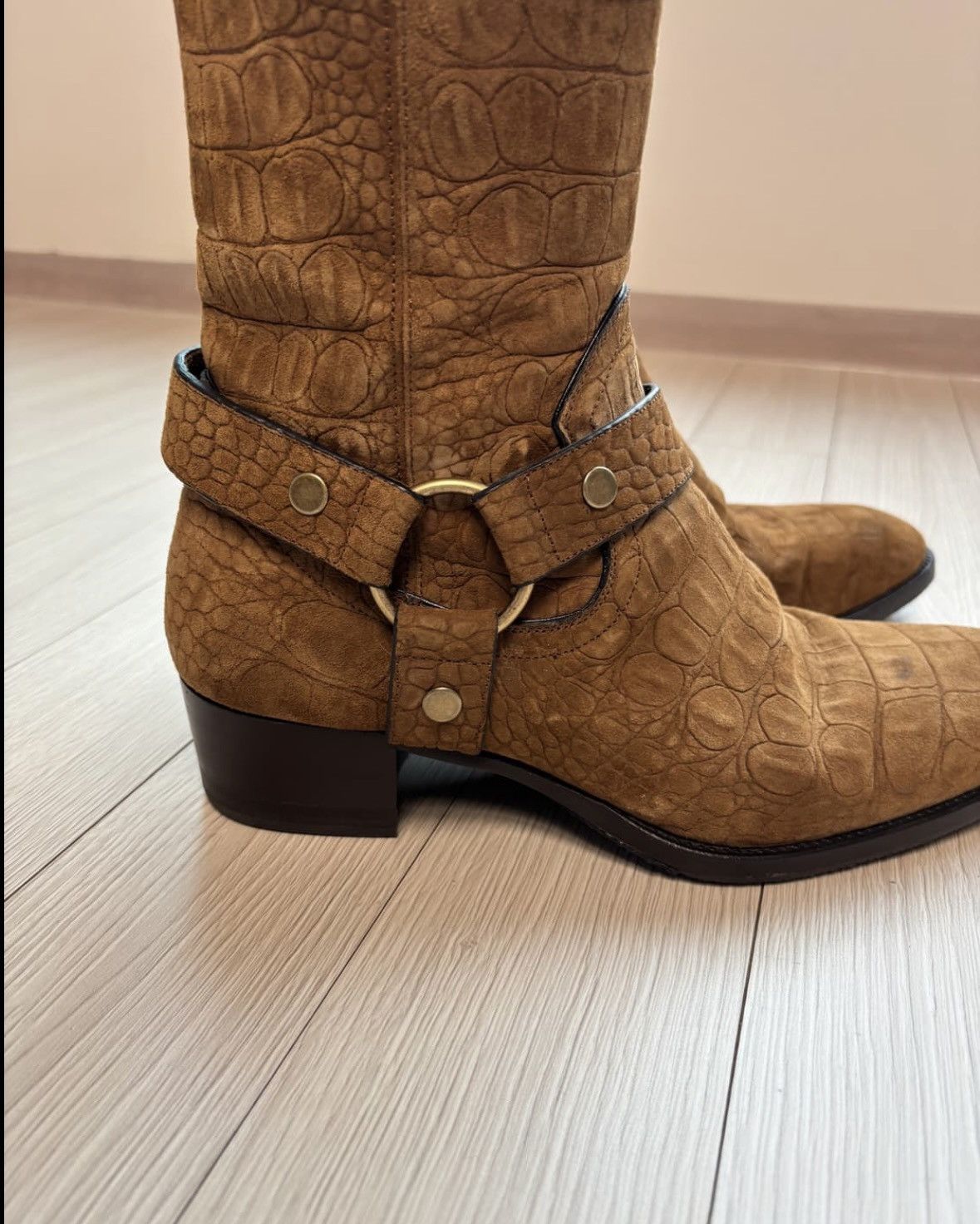 Saint Laurent Paris Wyatt Harness Crocodile Suede Boots Size US 8 / EU 41 - 3 Thumbnail