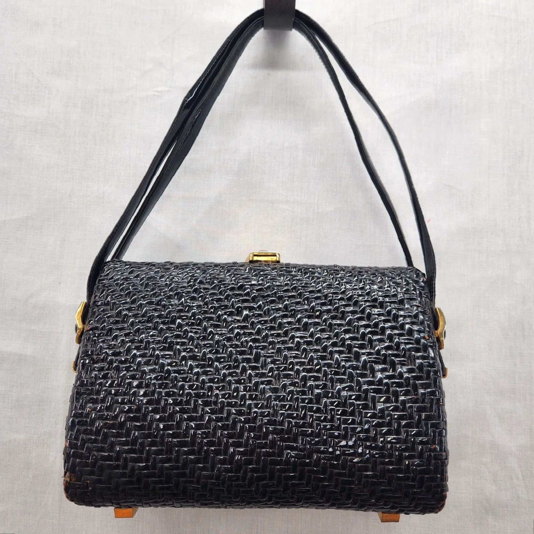 Vintage VINTAGE Koret Black Gold Wicker Basket Handbag Purse Boho Womens Size ONE SIZE - 4 Thumbnail