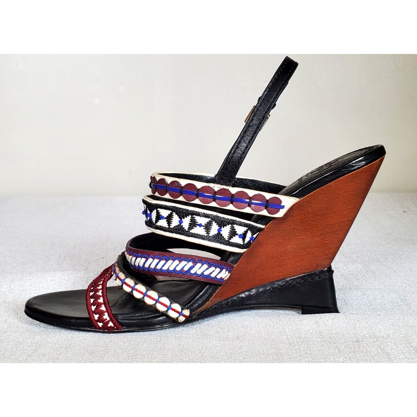 Tory Burch Tory Burch Strappy Womens Red White Blue Black Multi Mixed Trims Leather 100mm Wedge Sandals Women Size US 8 / IT 38 - 4 Thumbnail