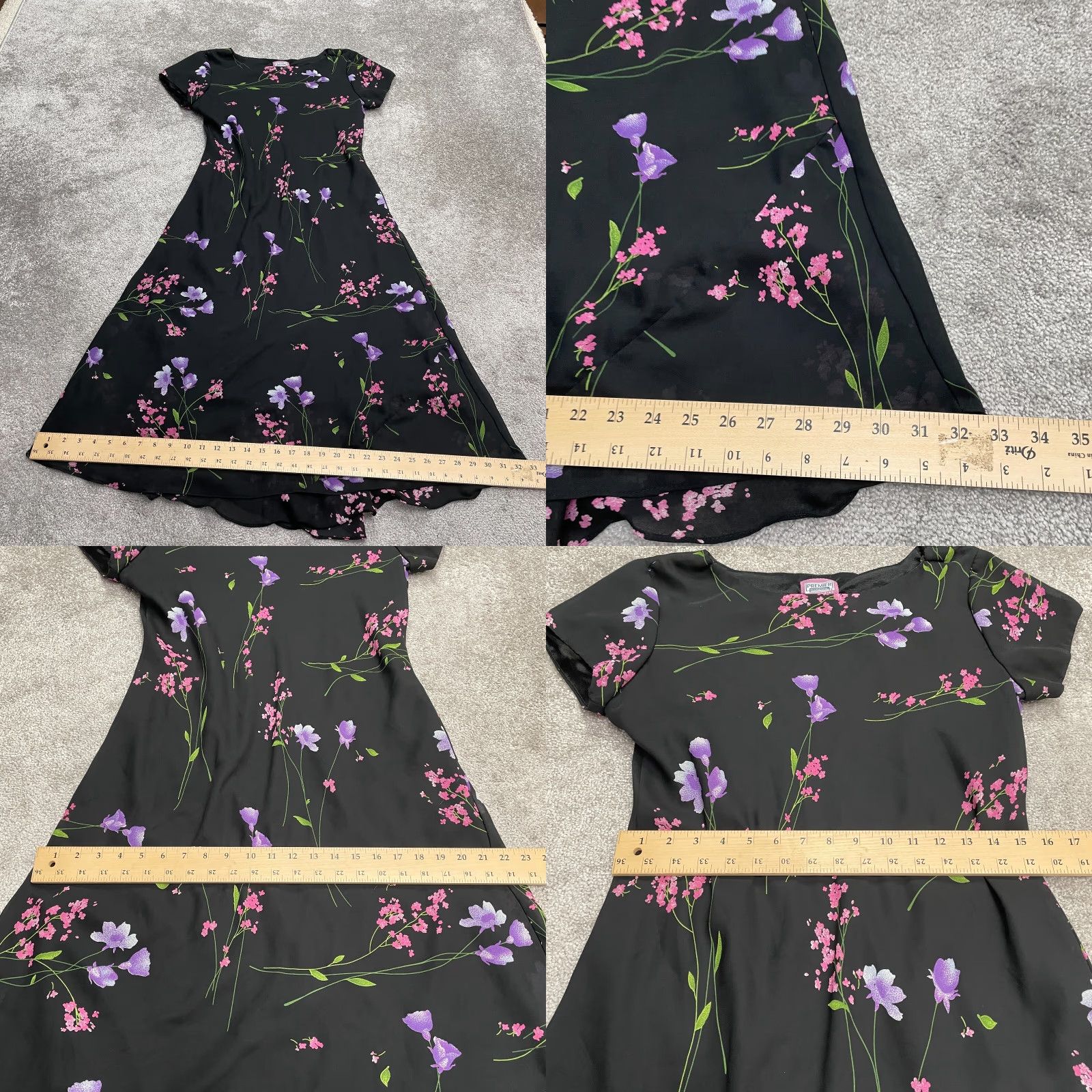 Vintage Premier Midi Maxi A-Line Dress Womens M Black Floral Short Sleeve Chiffon Size 32" / US 10 / IT 46 - 8 Thumbnail