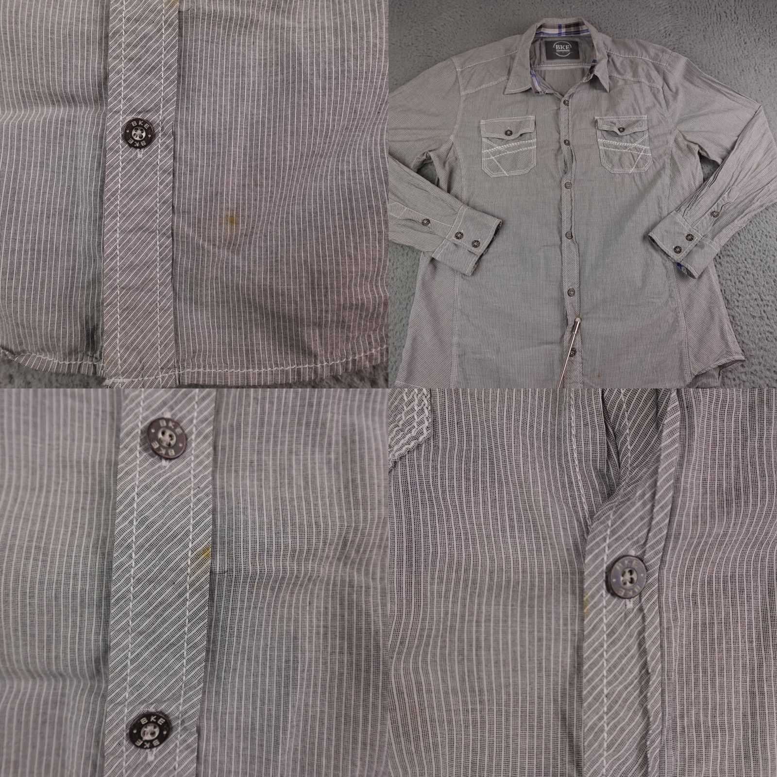 BKE Mens BKE Shirt Gray White Striped Athletic Fit Long Sleeve Button XL Size US XL / EU 56 / 4 - 8 Thumbnail