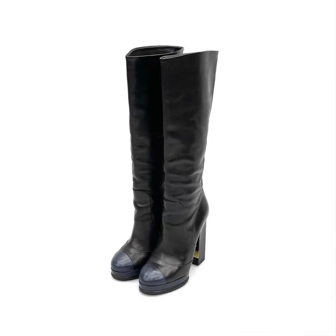 Chanel Chanel black and navy blue leather CC knee-high boots Size US 6.5 / IT 36.5 - 1 Thumbnail