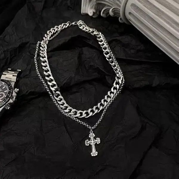 Other Double Layer Titanium Steel Cross Pendant Necklace for Men Size ONE SIZE - 2 Thumbnail
