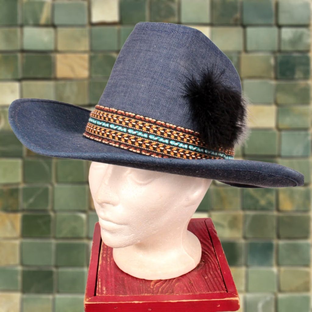 Vintage VTG 70s Cowboy Hat Denim Blue Feather Sz M Men’s Medium Denim Cowboy Hat Blue 1970s NOS Original (Size: Medium) Size ONE SIZE - 1 Thumbnail
