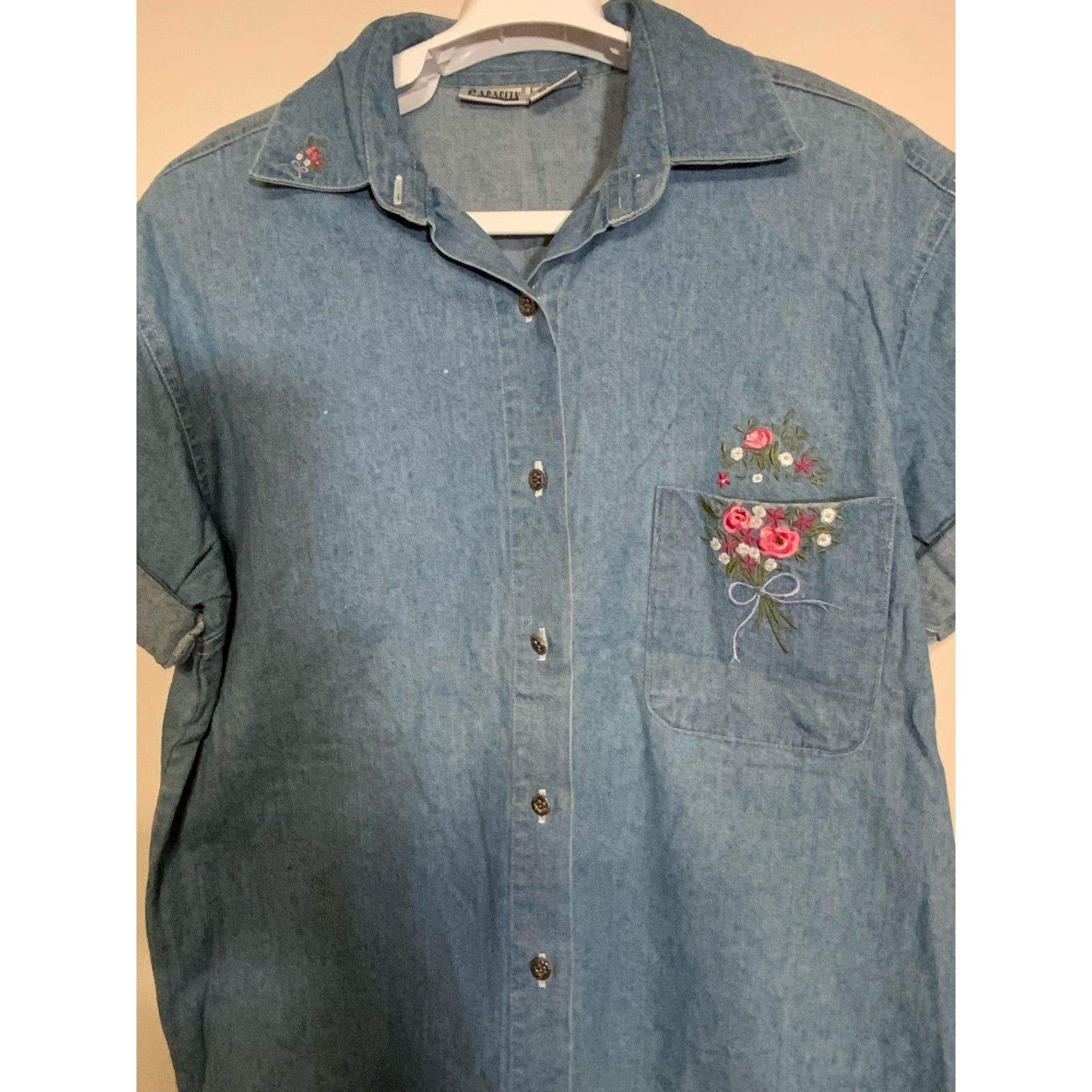 Unknown London Capacity Embroidered Flower Pocket Denim Button Up Shirt M Size M / US 6-8 / IT 42-44 - 4 Thumbnail