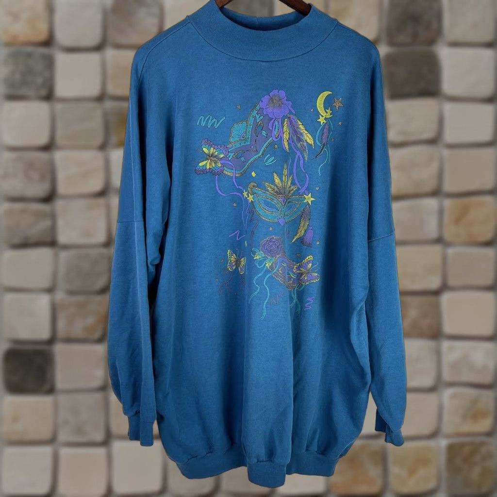 Vintage VINTAGE PFI Sweater Womens 3XL Teal Crewneck Sweatshirt 90s Y2K Mardi Gras Mask USA Size XXL / US 16-18 / IT 52-54 - 1 Thumbnail