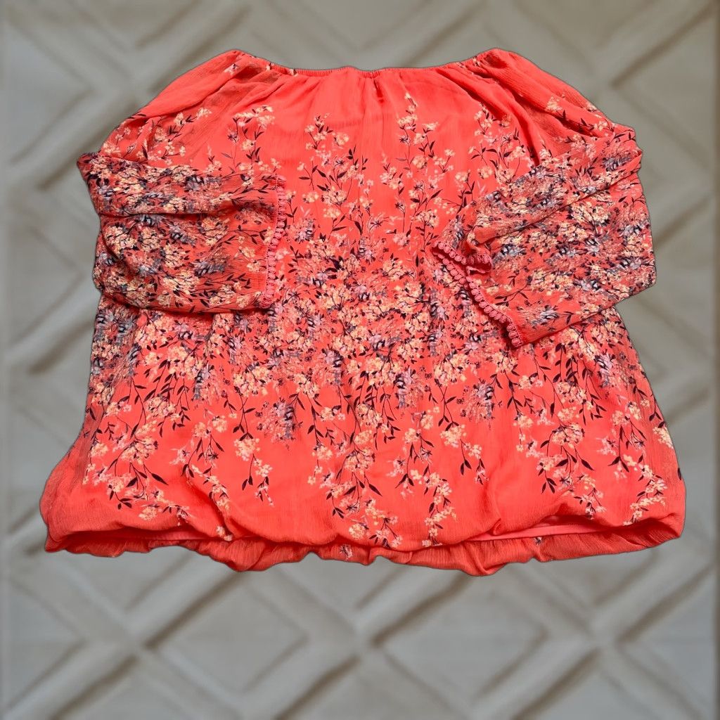 Vintage Sara Michelle Blouse Off Shoulder Womens 3X Orange Floral Long Sleeve Summer Top Size XXL / US 16-18 / IT 52-54 - 1 Thumbnail