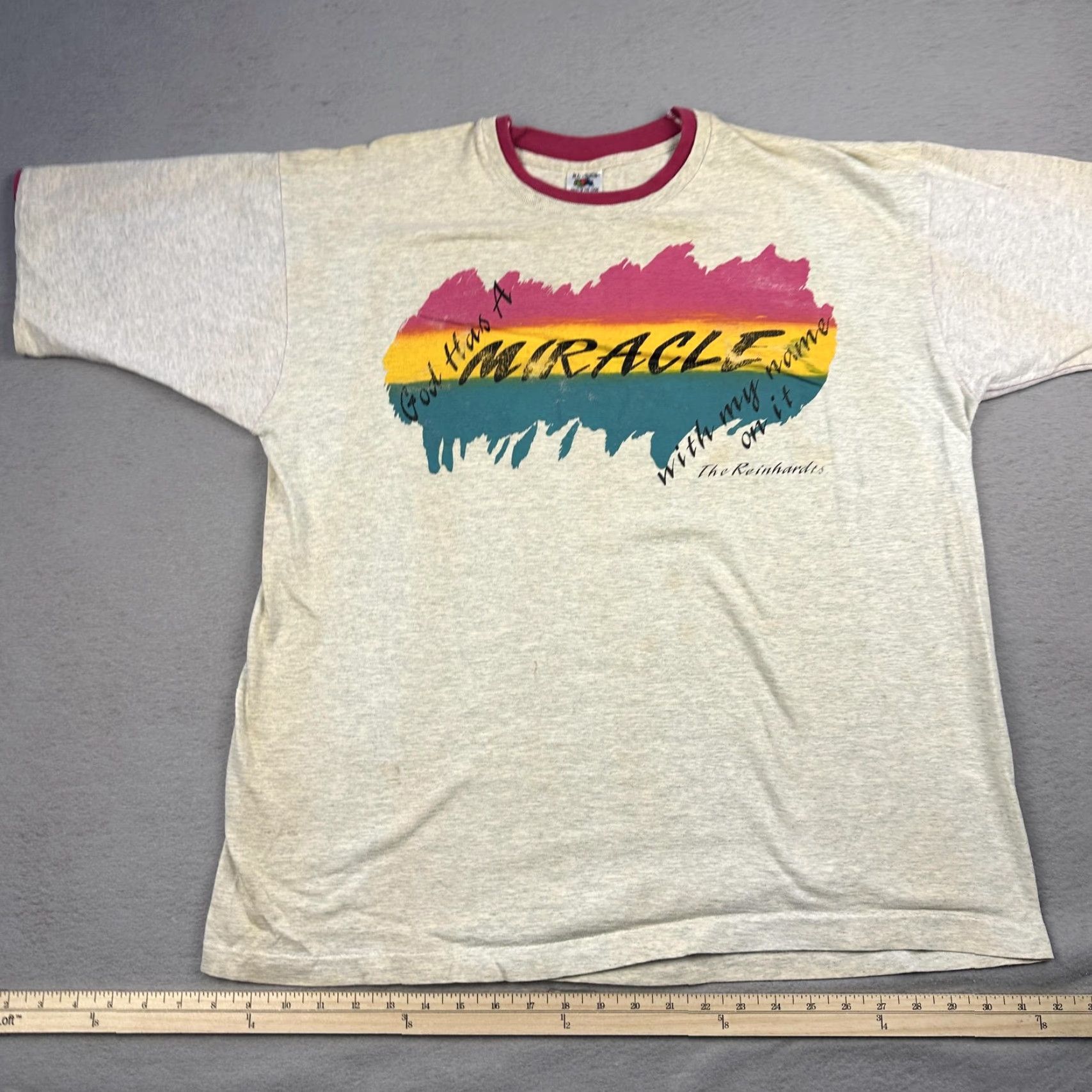 Fruit Of The Loom VINTAGE The Reinhardts Shirt Mens XL Heather Gray Ringer God Has A Miracle 90s Size US XL / EU 56 / 4 - 2 Thumbnail