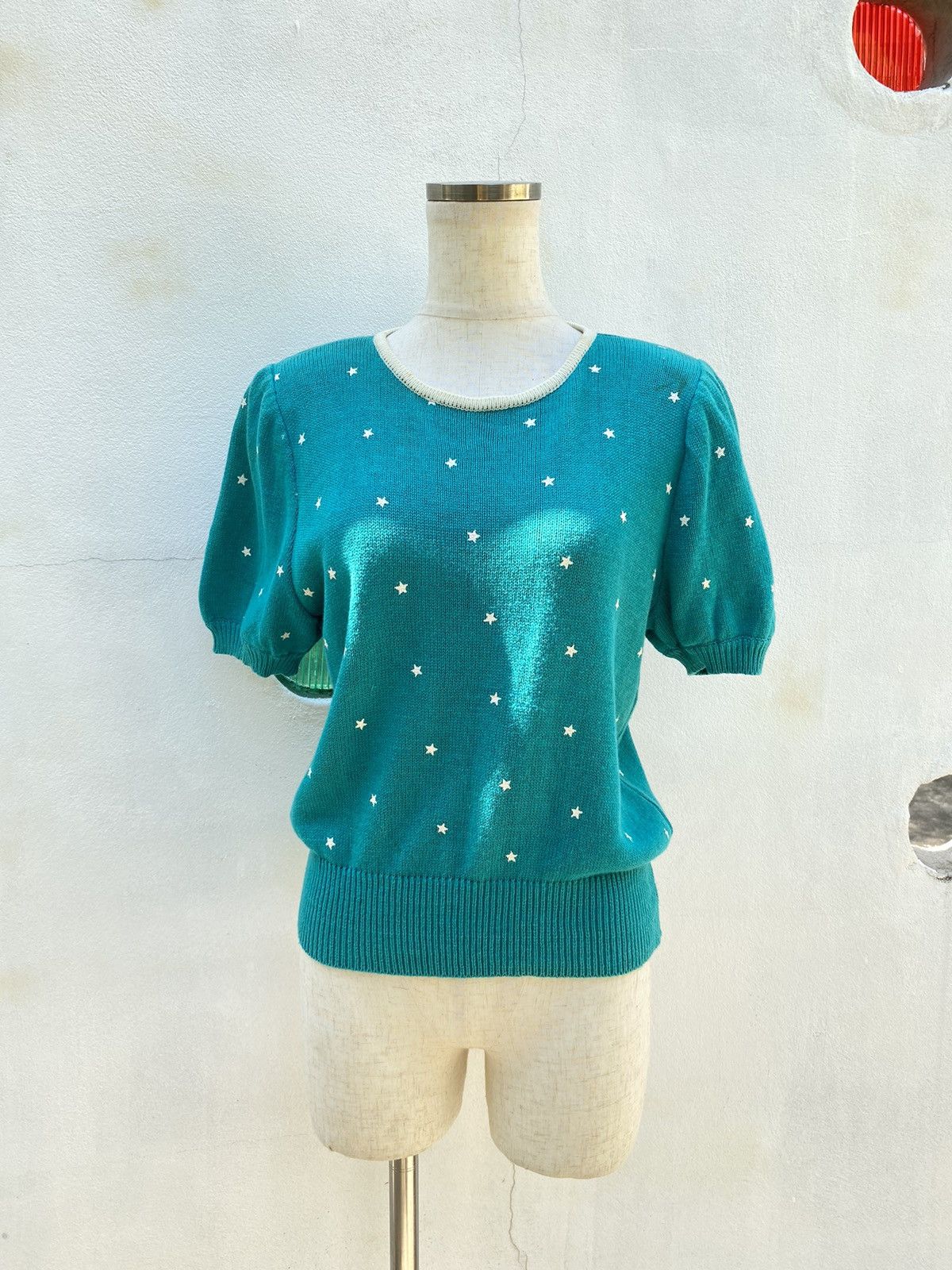 Vintage Paserio Teal Puff Sleeve Knit Top with Star Pattern Size S / US 4 / IT 40 - 12 Thumbnail