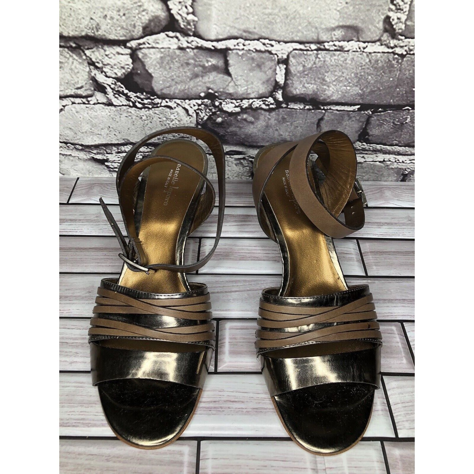 Other Nanette Lepore Silver Patent Brown Leather Ankle Straps Heel Size US 7.5 / IT 37.5 - 17 Thumbnail