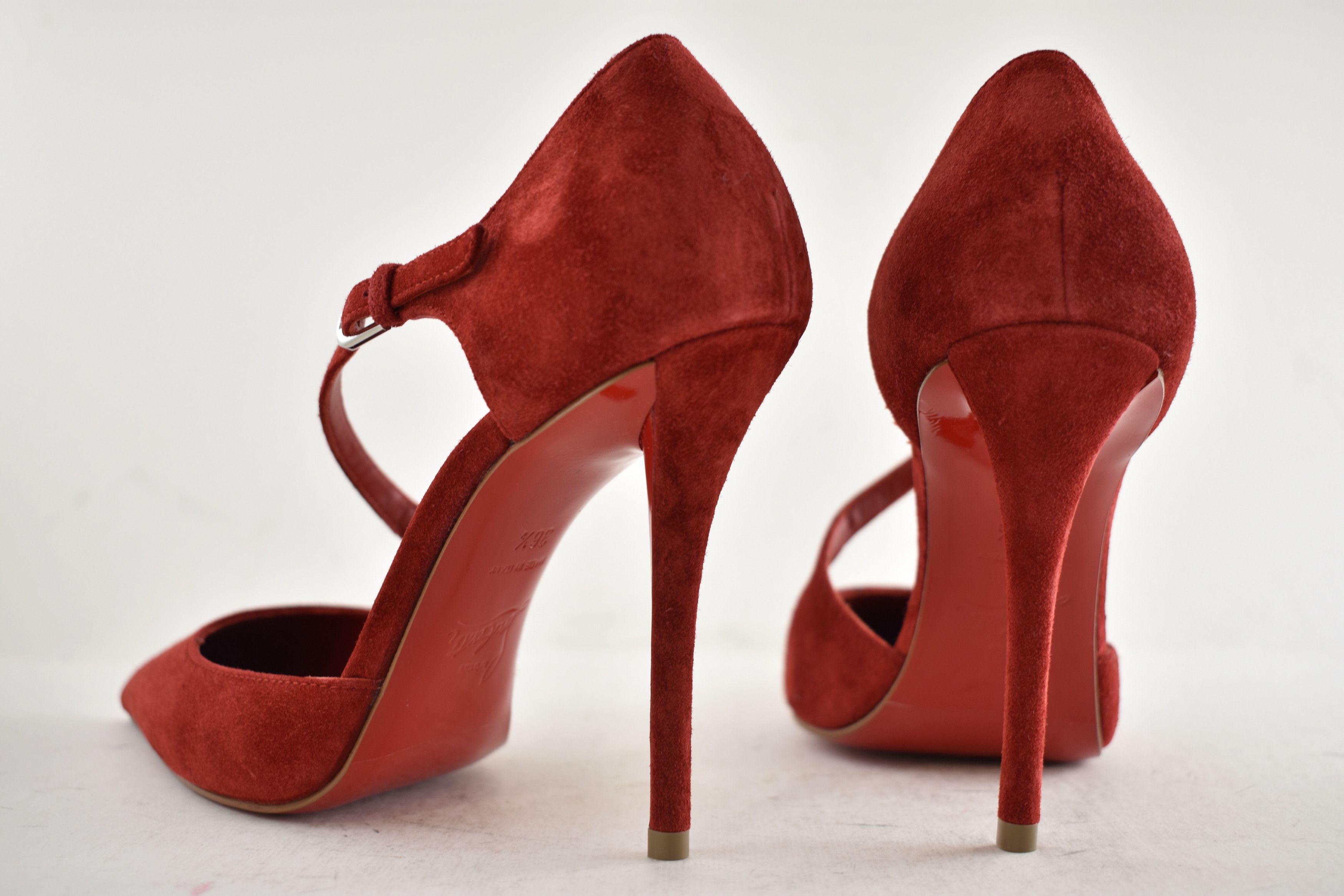 Christian Louboutin Miss Ziggyta 100 Fever Red Suede Cross Strap Heel Pump 36.5 Size US 6.5 / IT 36.5 - 14 Thumbnail