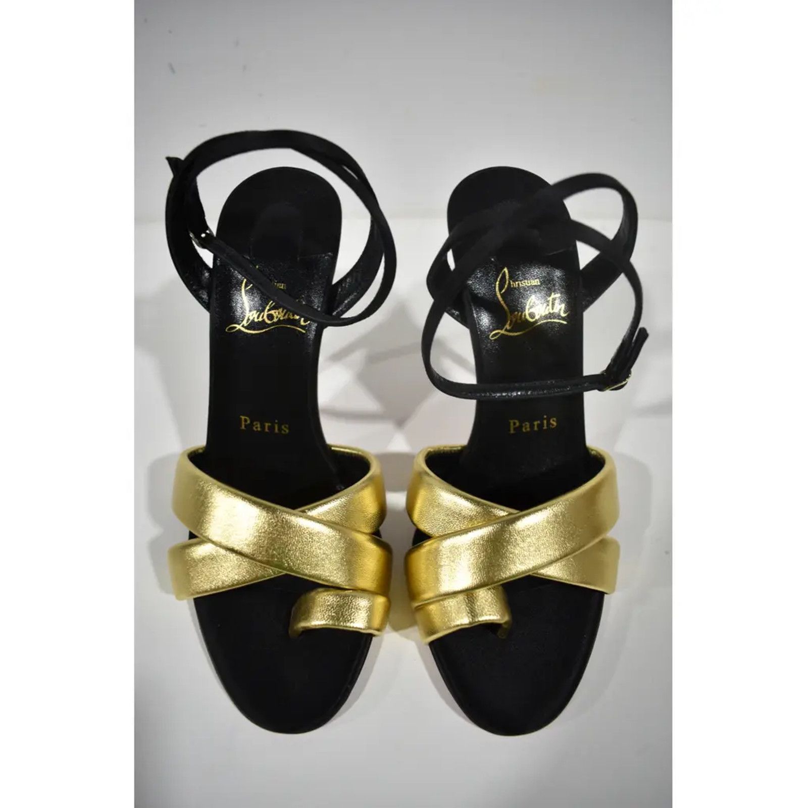 Christian Louboutin Just Me 100 Black Gold Sandal Ankle Strap Open Heel Pump 37 Size US 7 / IT 37 - 5 Thumbnail