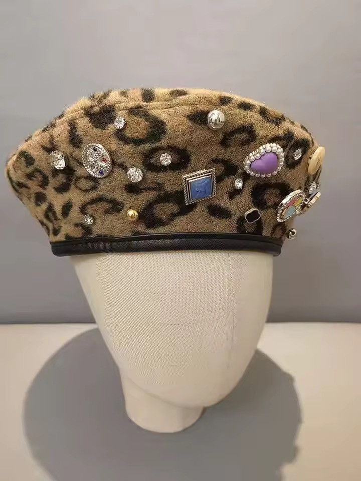 Japanese Brand Buttons Rhinestone Leopard Printed Berets Hat Size ONE SIZE - 1 Thumbnail