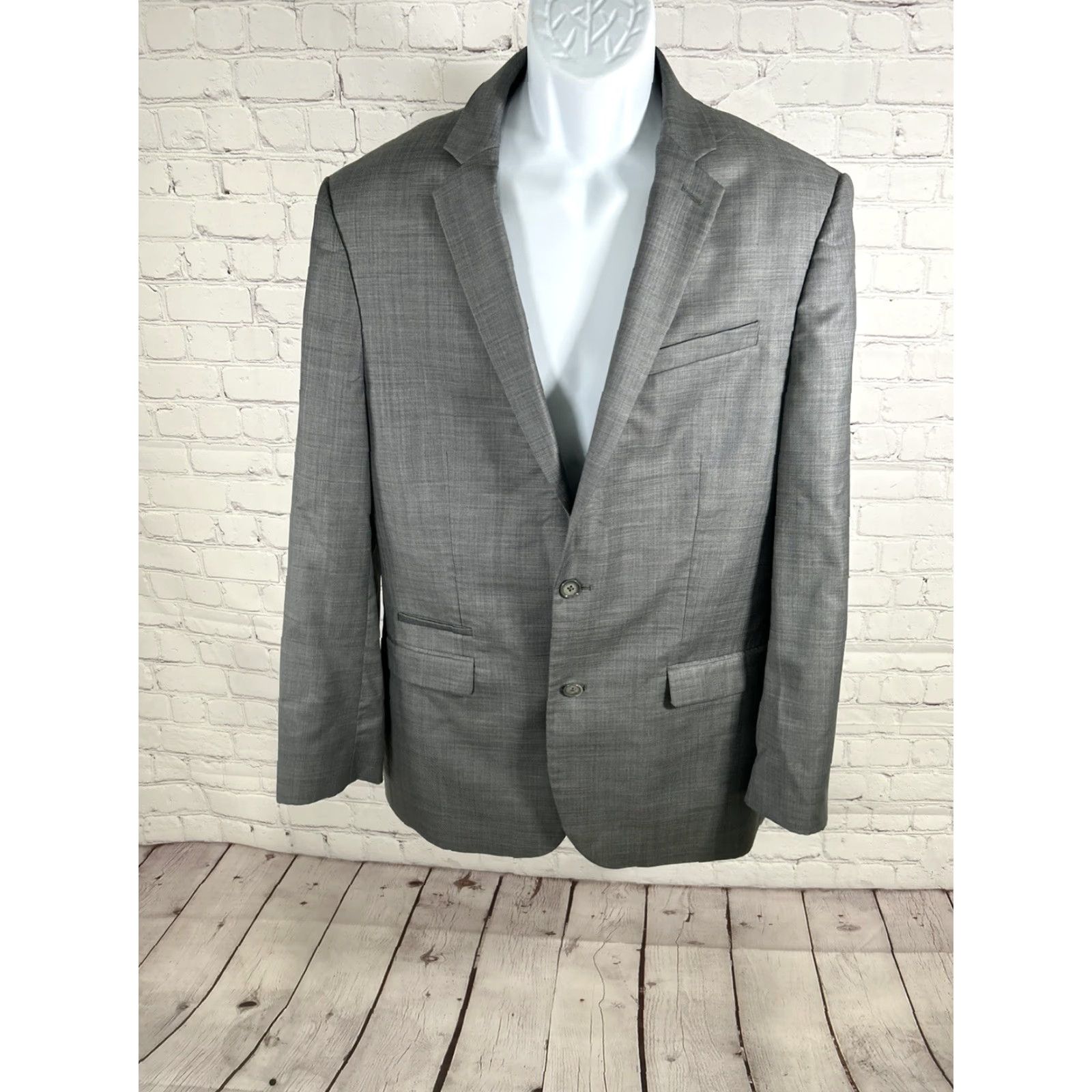 Express Express Blazer Jacket Coat Gray Wool Blend Two-Button Single-Breasted Notch Lapel Plaid Slim 40 Mens Polo? Wait. Size 40R - 2 Thumbnail