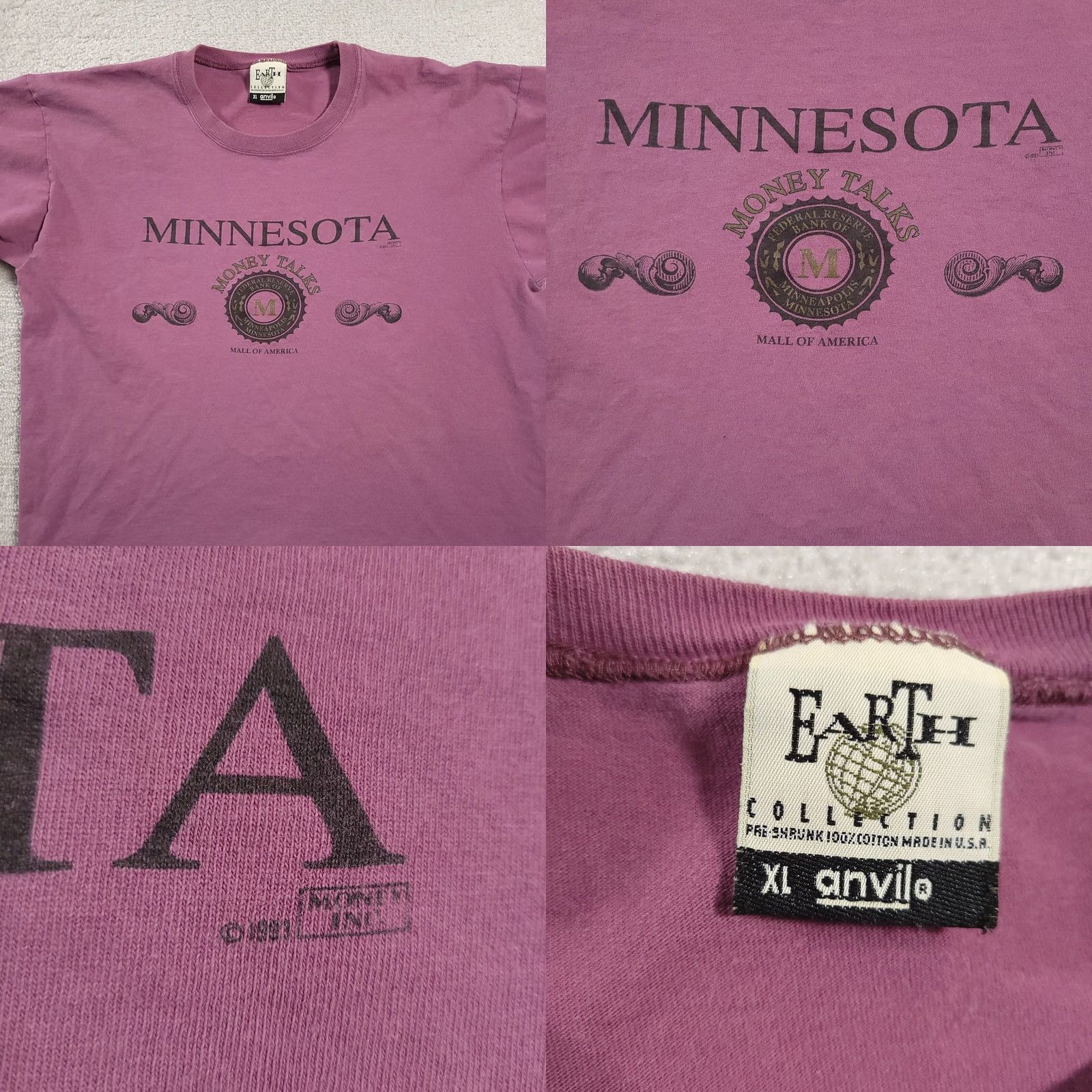 Anvil VINTAGE 1993 Mall Of America T-Shirt 90s Money Talks Adult XL Purple Mens USA T-Shirt Size US XL / EU 56 / 4 - 8 Thumbnail