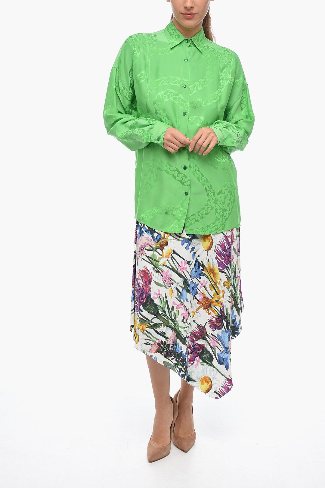 Stella McCartney og1mm0824 Satin Shirt With Standard Collar in Green Size S / US 4 / IT 40 - 4 Thumbnail