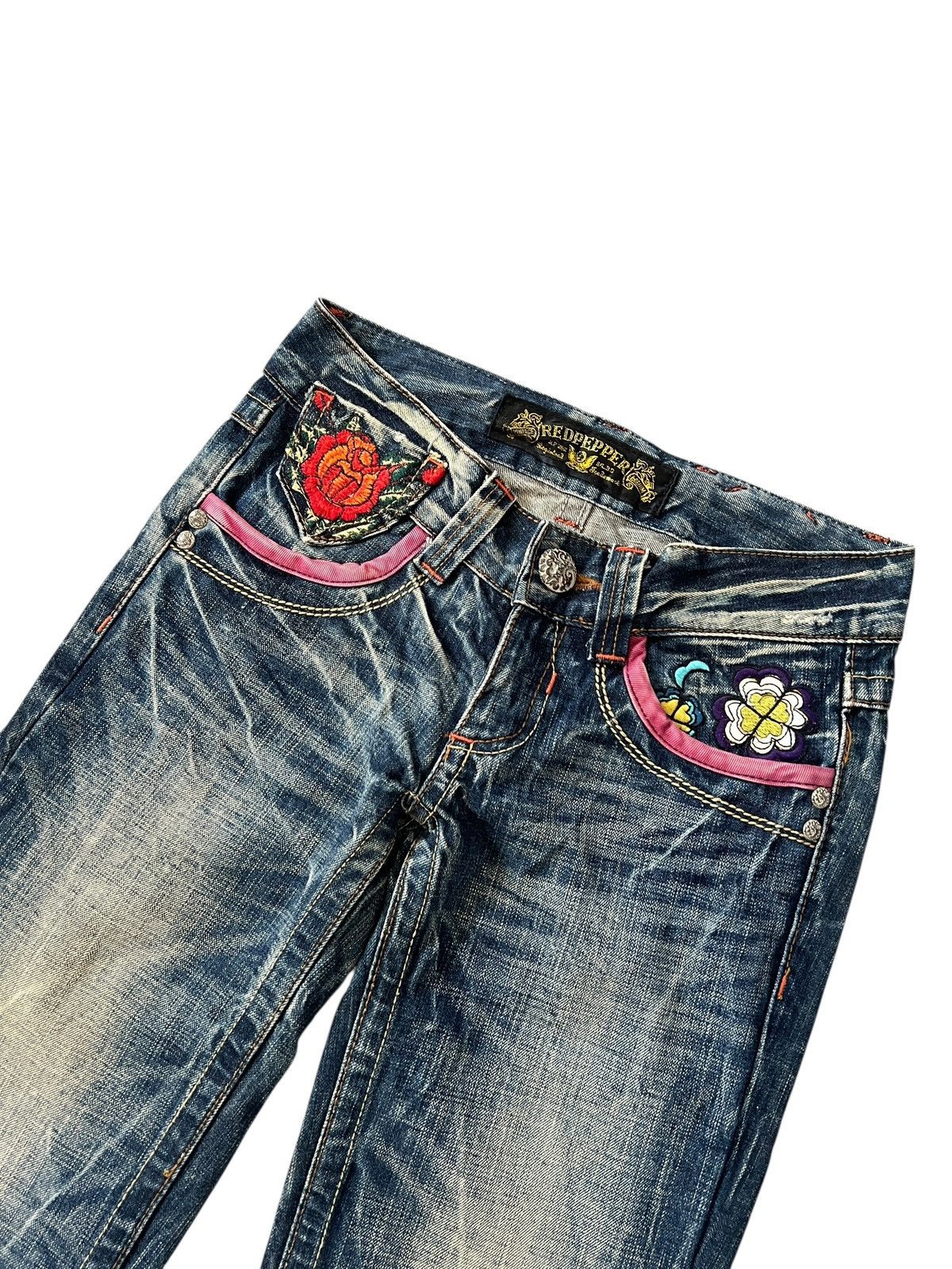 Japanese Brand Y2K Red Pepper Embroidery Flare Denim Size US 29 - 7 Thumbnail