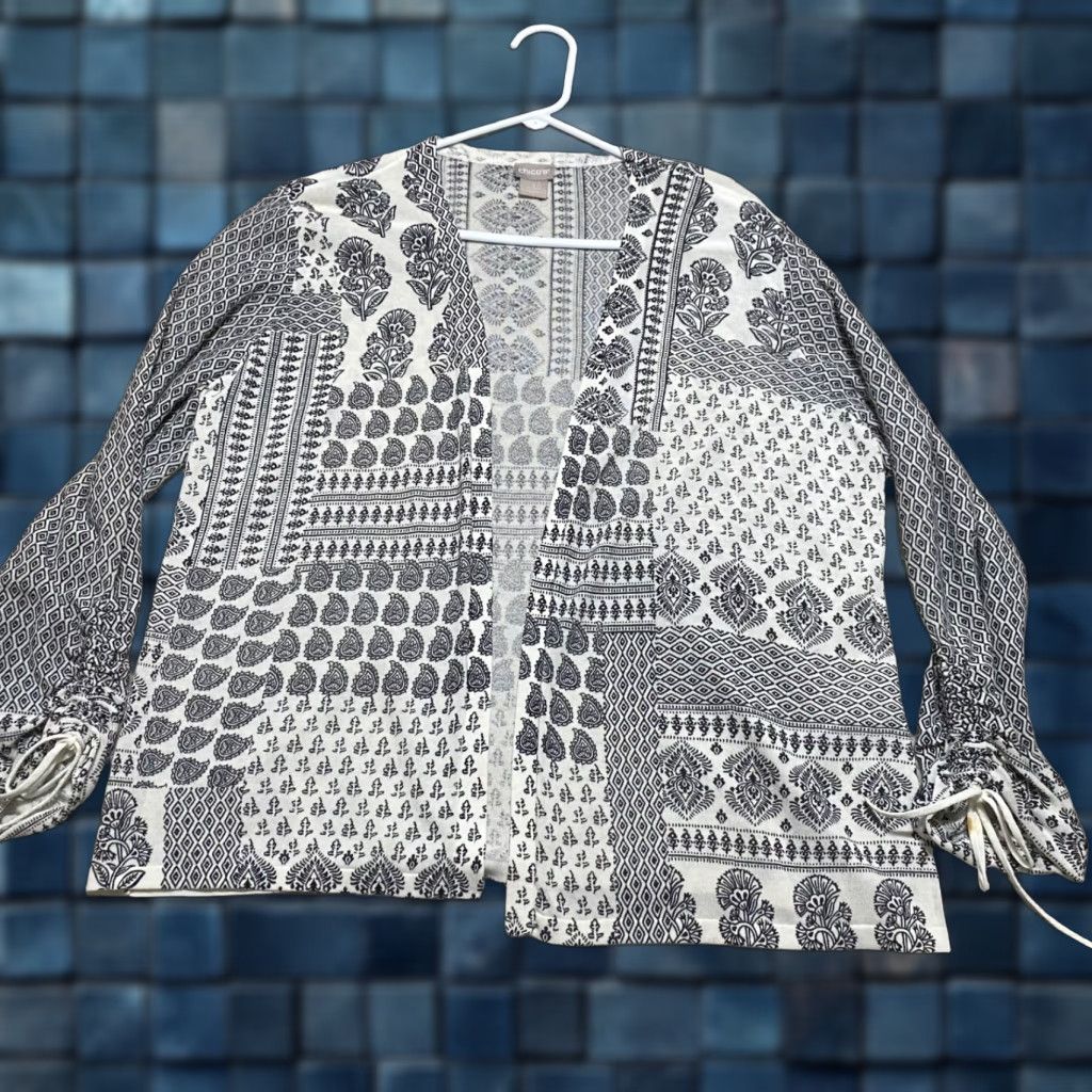 Vintage Chico’s Womens L Sweater Black Paisley Open Front Ruched Cuff Cardigan Knit Lightweight L/S Size L / US 10 / IT 46 - 1 Thumbnail