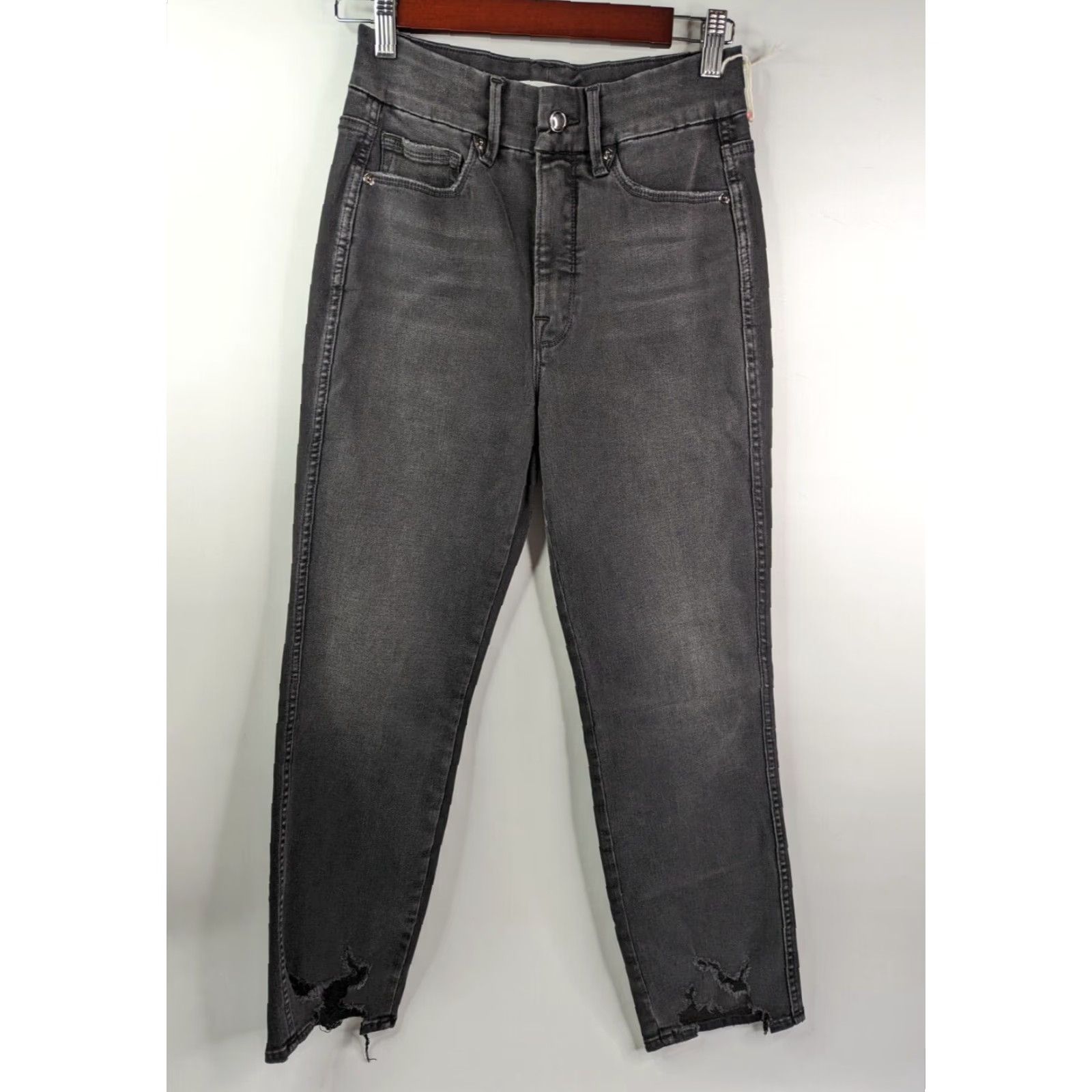 Good American Good American Womens Jeans Black Distressed Straight Leg Size 4 Regular Rise High 10.5in + Denim Slim Fit N/A Size ONE SIZE - 2 Thumbnail