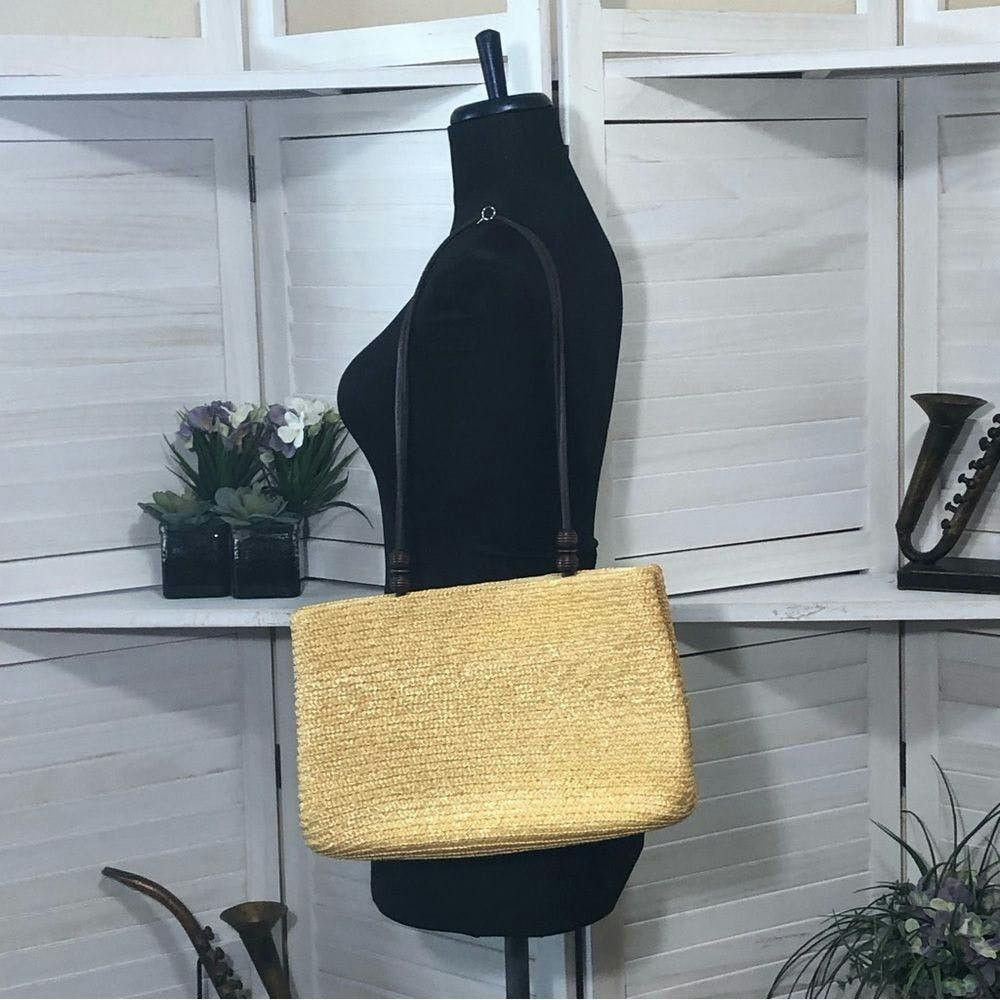 Vintage vtge 90s yellow brown straw woven shoulder handbag Size ONE SIZE - 2 Thumbnail