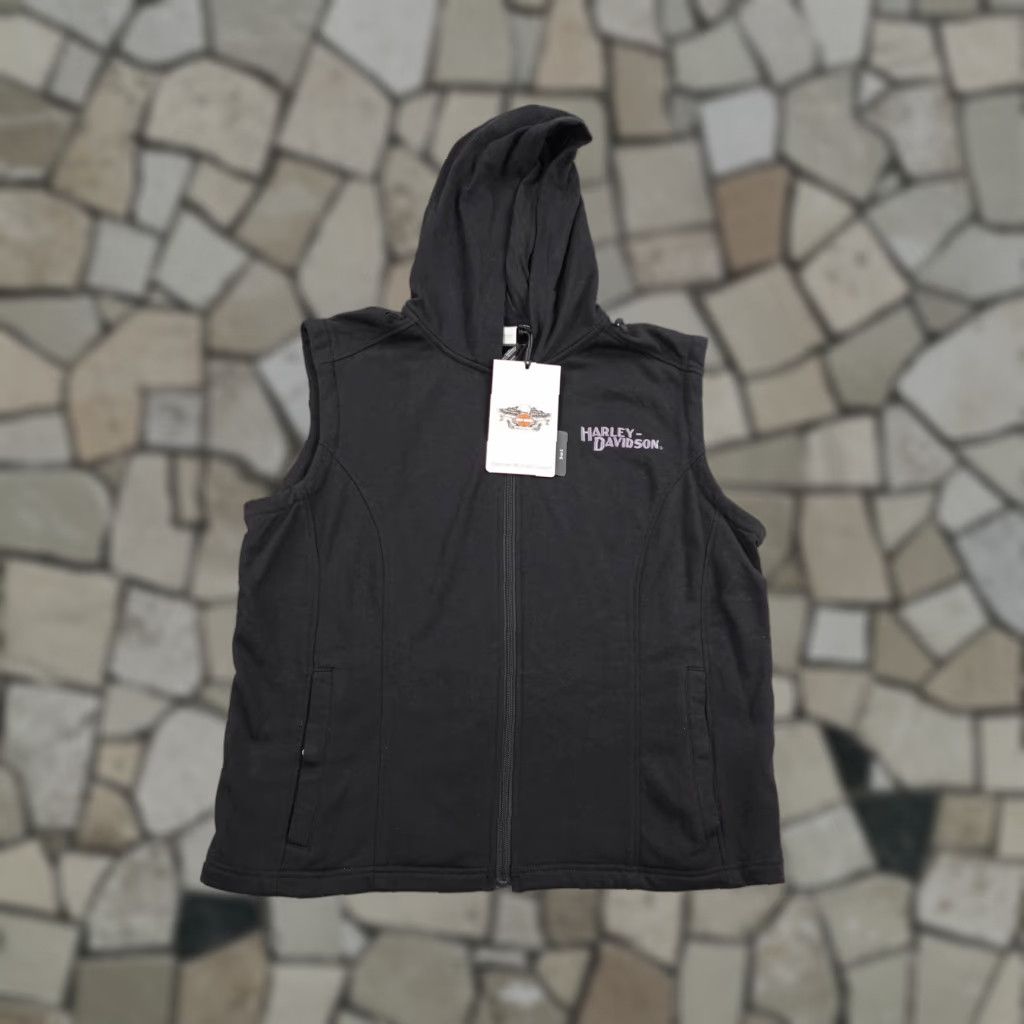 Harley-Davidson Hoodie Womens 2XL Black Sleeveless Full Zip Sweatshirt Biker NEW Vest Zip Logo Pockets Lined Knit Cotton Blend Sleeveless