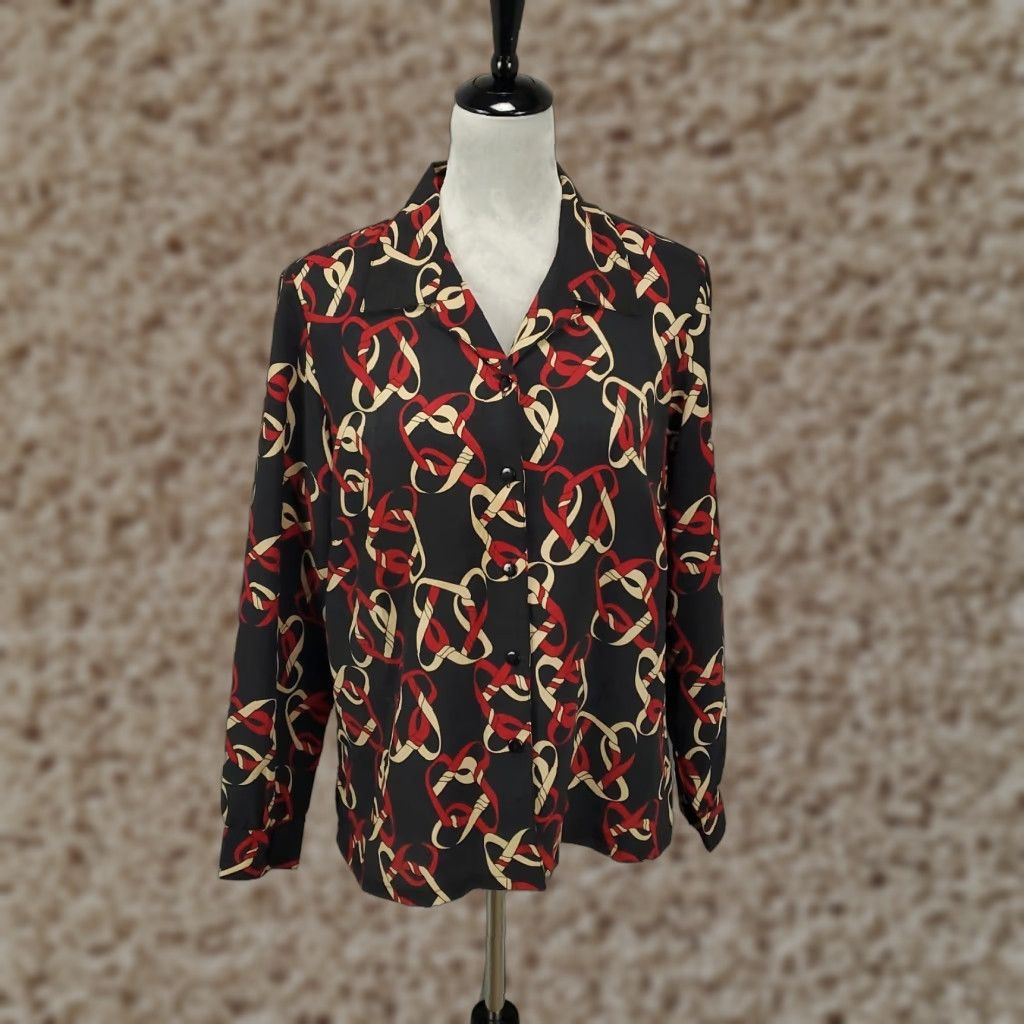 Vintage Donnkenny Blouse Womens Petite Medium Black Red Geometric Camp Button Up READ Reading? Size M / US 6-8 / IT 42-44 - 1 Thumbnail