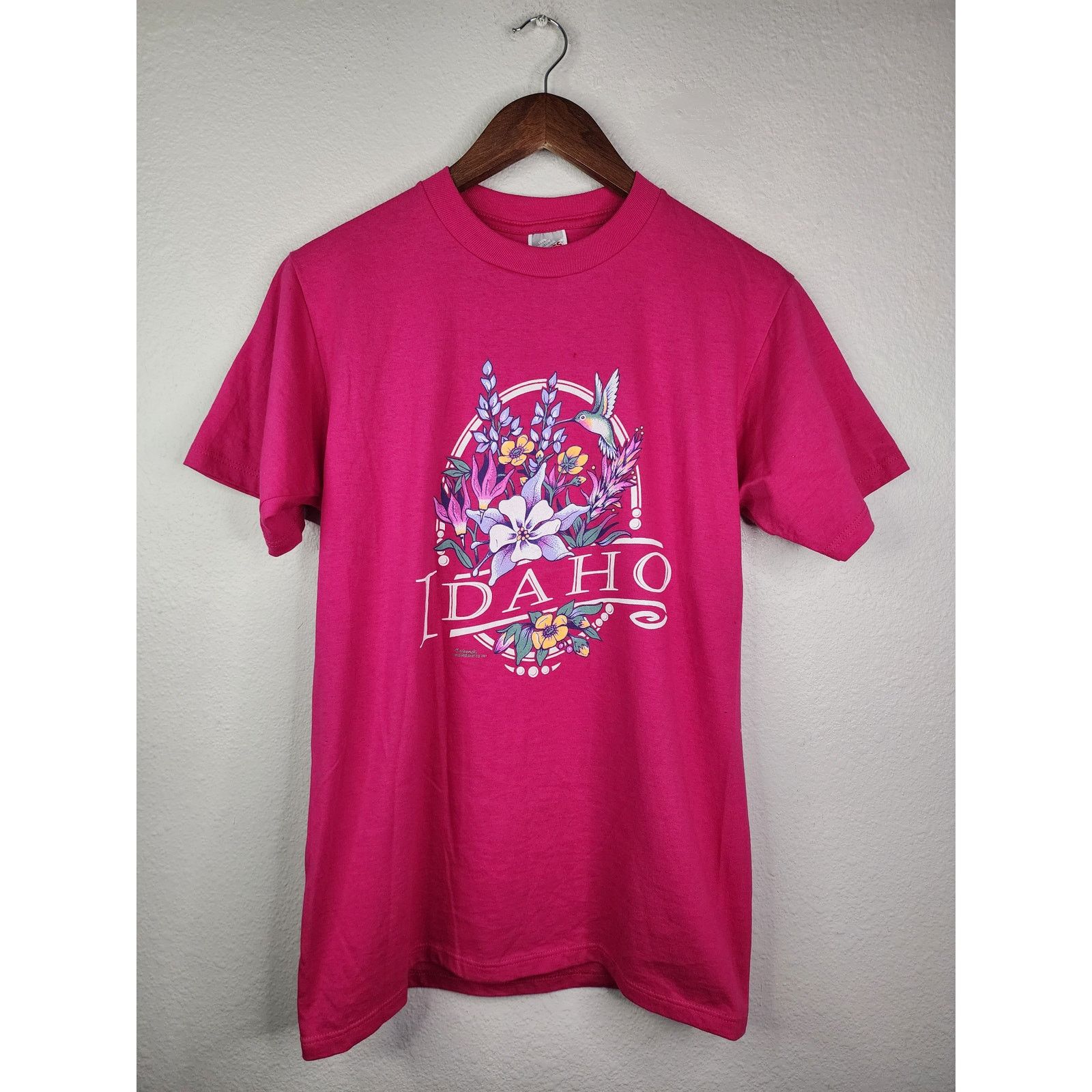 Jerzees × Vintage 90s Idaho Floral Bird Graphic Tee Vibrant Pink Cotton Top Size M / US 6-8 / IT 42-44 - 1 Thumbnail