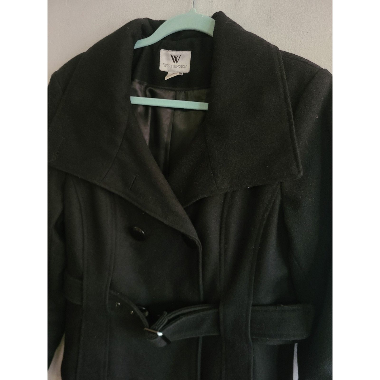 Worthington Women's large wool blend belted pea coat black Size L / US 10 / IT 46 - 2 Thumbnail