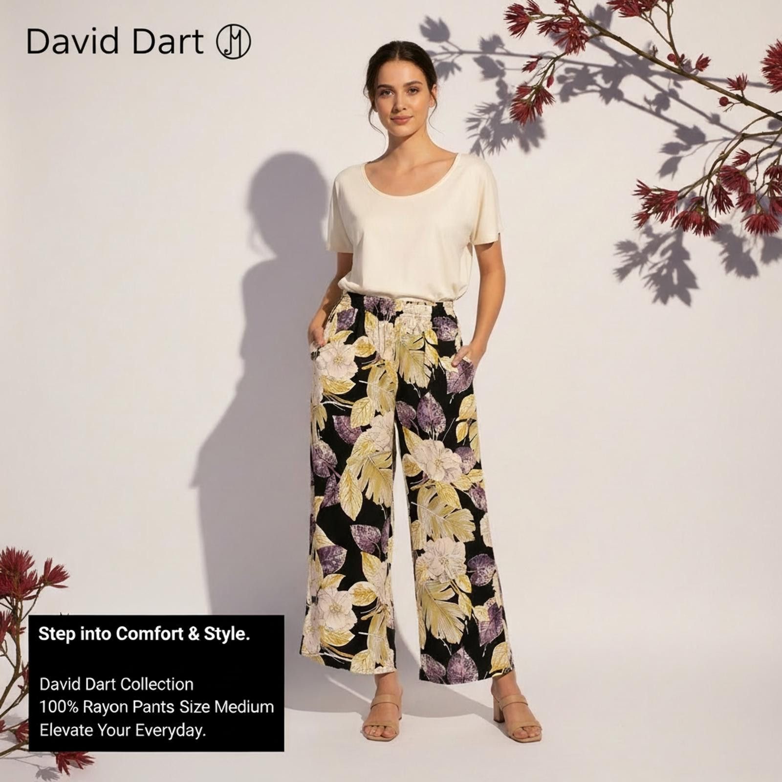Other David Dart Women's Floral Rayon Wide-Leg Pants Medium Size 32" / US 10 / IT 46 - 1 Thumbnail