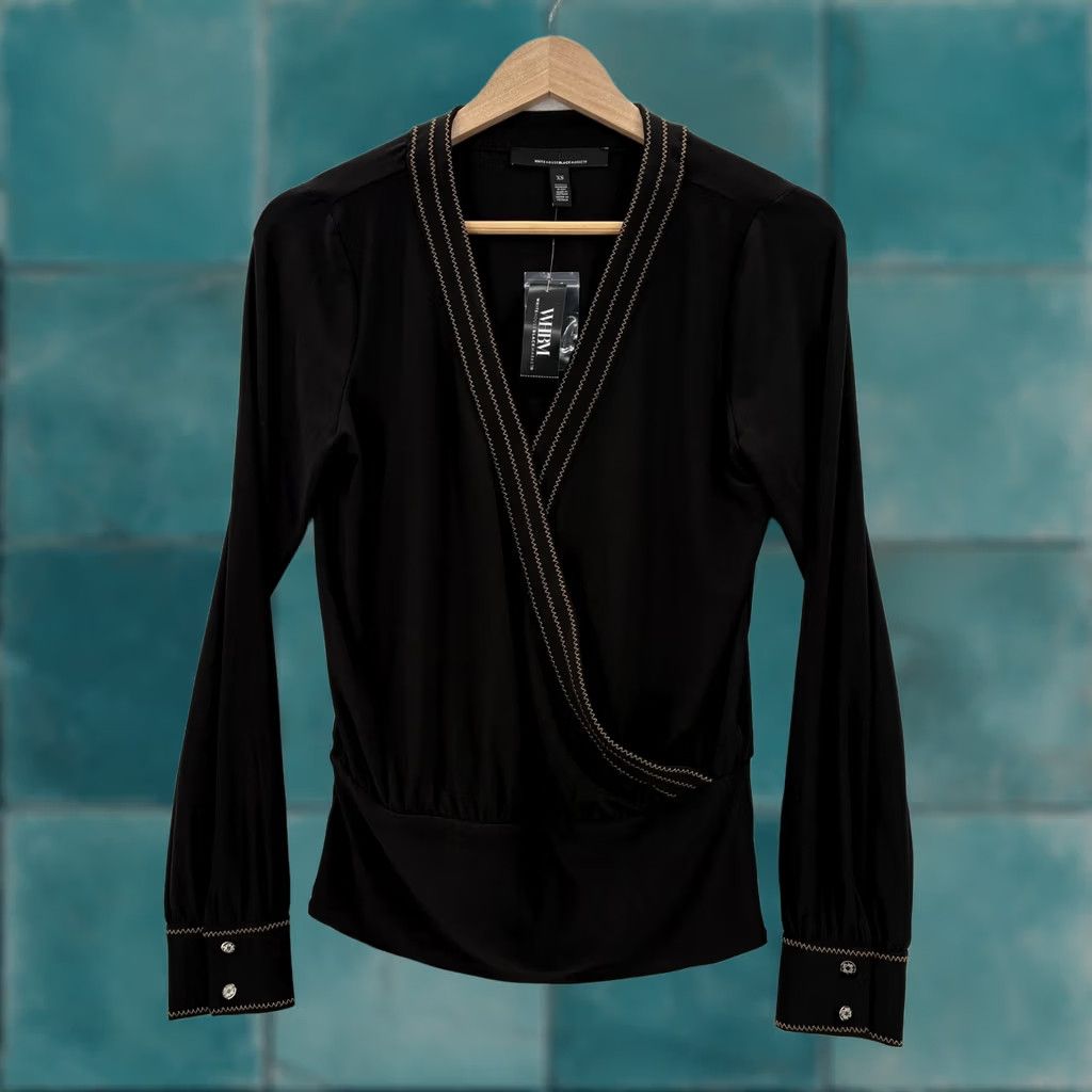 White House Black Market White House Black Market Blouse XS Womens V-Neck Button Surplice Solid Black NWT Clothing Reserved Womens XS Blouse Size XS / US 0-2 / IT 36-38 - 1 Thumbnail