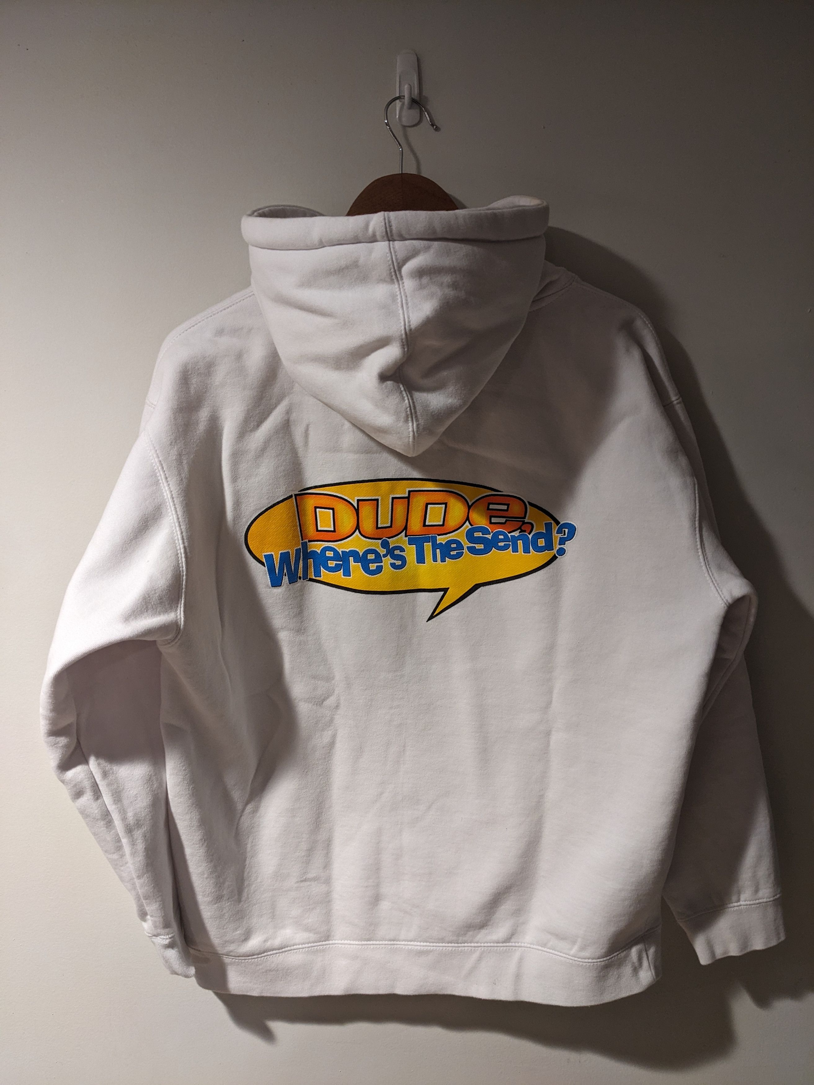 Full Send × Zumiez Dude Where is the Send Movie Spoof White Large Hoodie Size US L / EU 52-54 / 3 - 1 Thumbnail